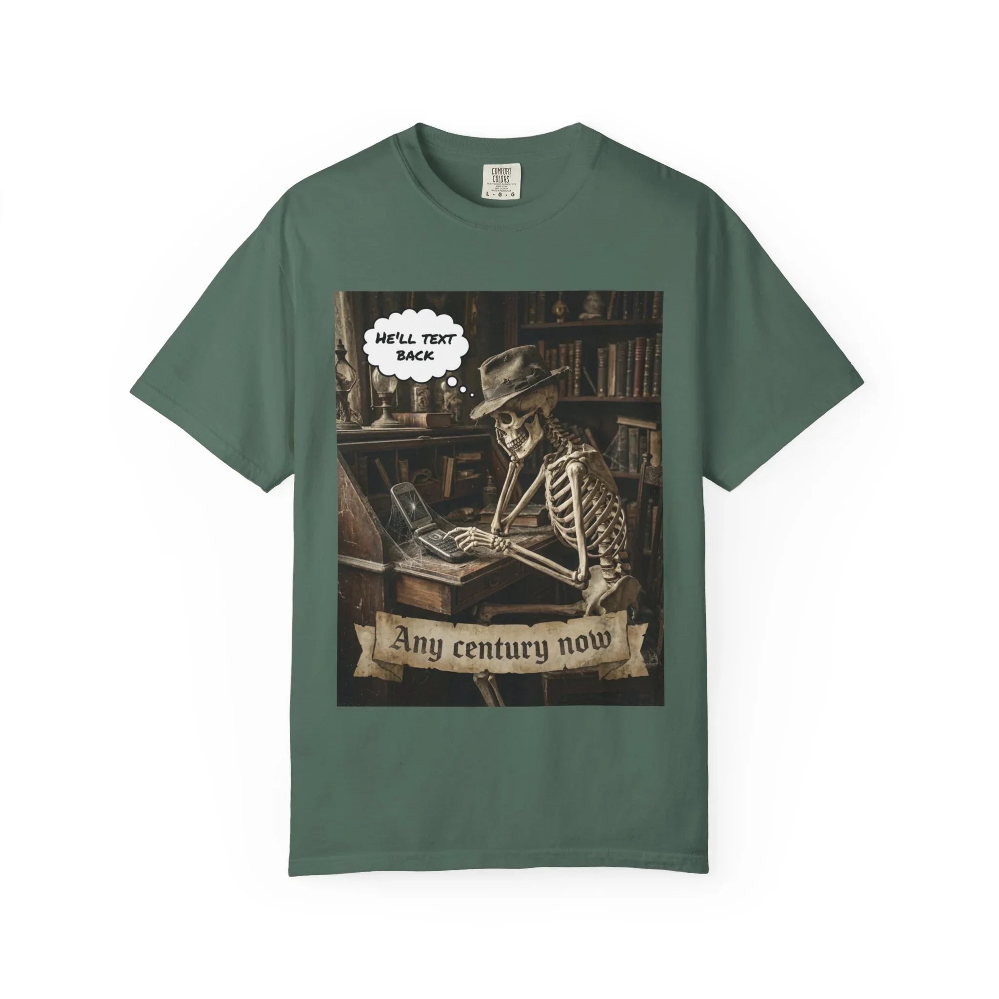 Any Century Now" Skeleton Graphic Tee - Funny Ghosted Dark Humor Streetwear Blue Spruce