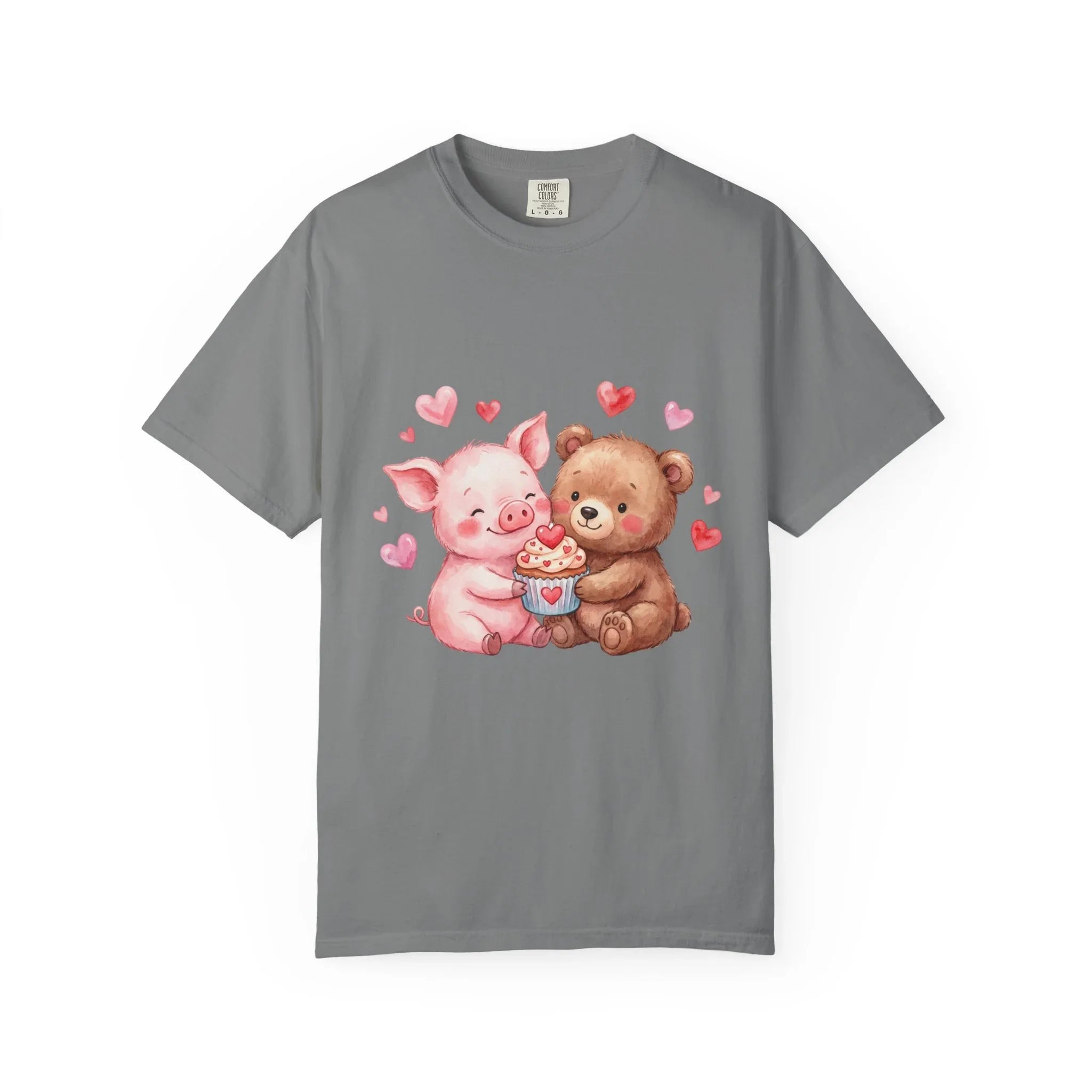 Cute Pig Bear Heart Cup Valentine T Shirt Watercolor Cozy Vintage Aesthetic Gift Animal Lovers Soft Cotton Romantic Tee Grey