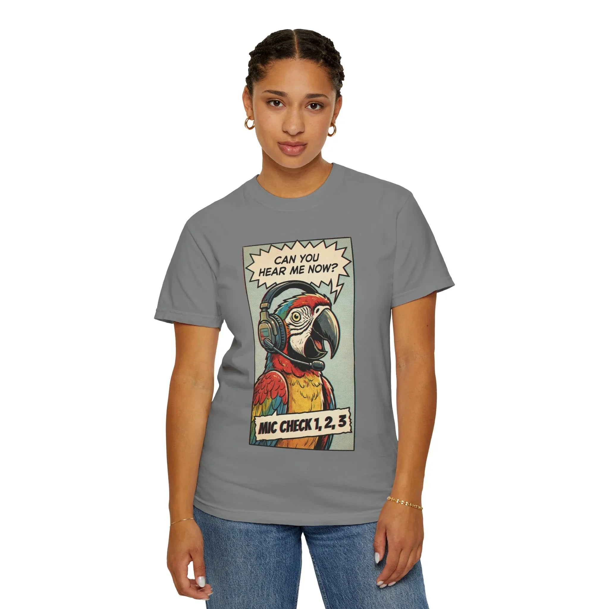 Funny Parrot Gamer Shirt - Vintage Comic Pop Art T-Shirt - Retro Macaw Bird "Mic Check" Graphic Tee - Sarcastic Podcast & Streamer Gift - Aesthetic Bird Lover Streetwear