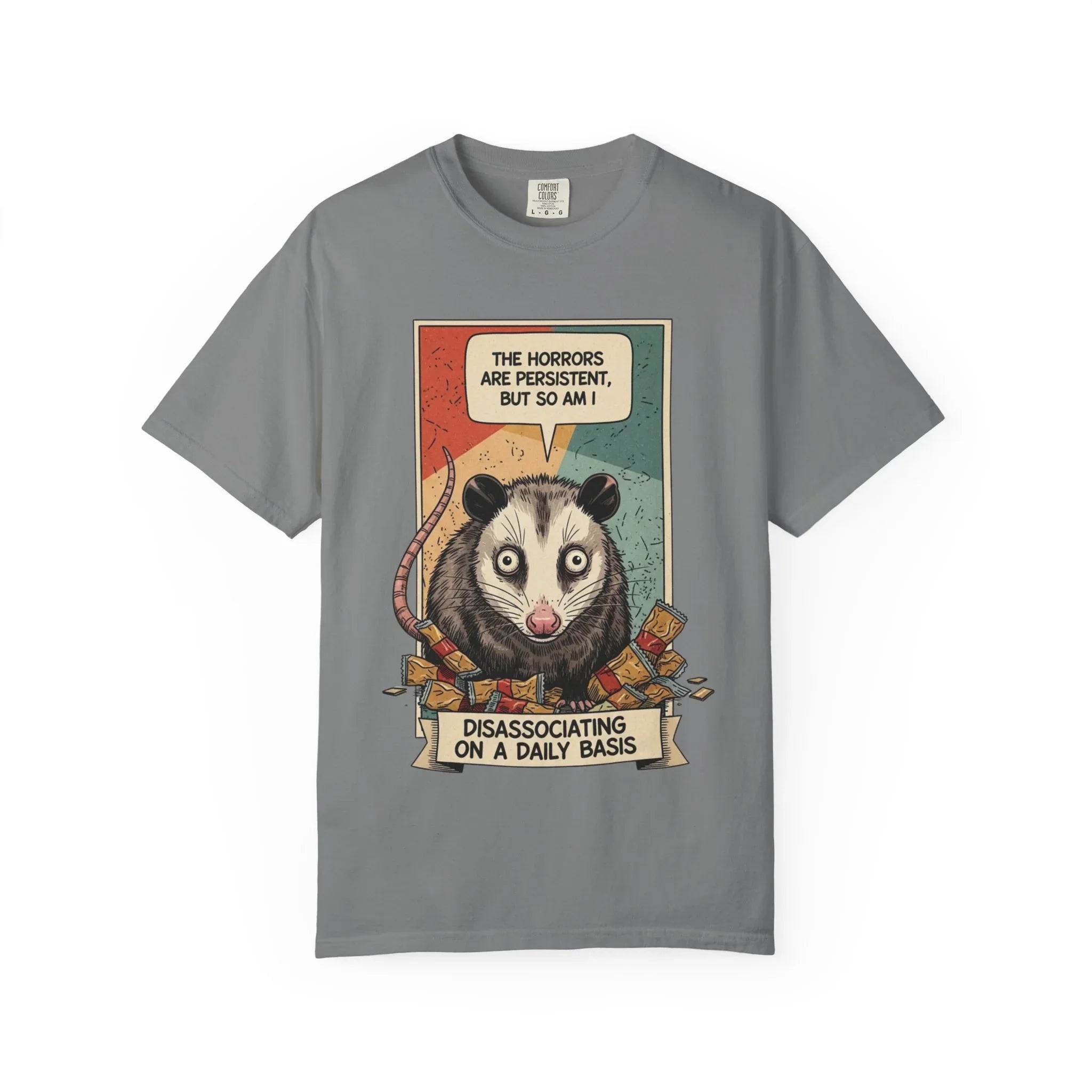 Funny Opossum Shirt - "The Horrors Are Persistent But So Am I" Tee - Mental Health Awareness Gift - Disassociation Meme Sweatshirt - Retro Trash Cat Hoodie Grey