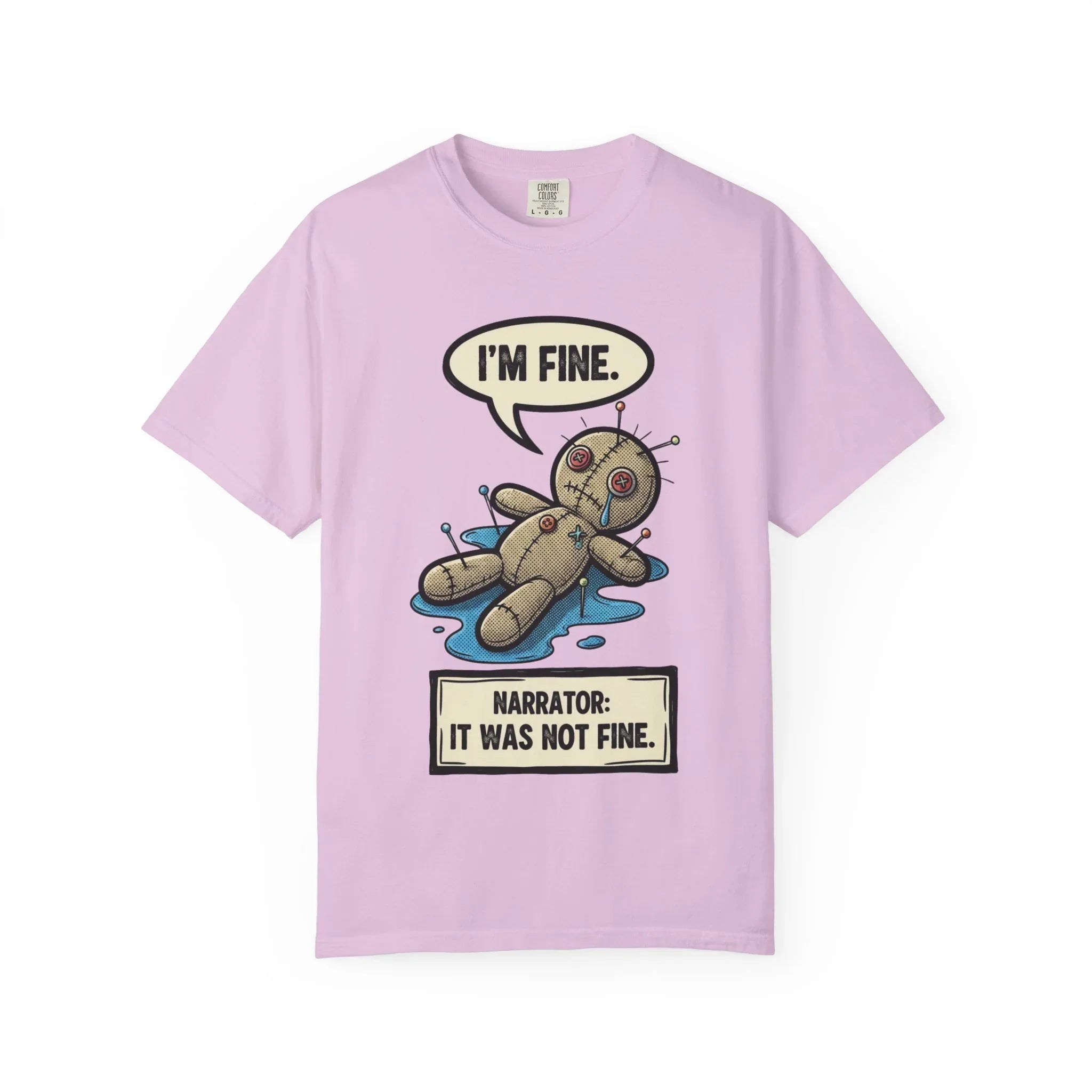 Funny Voodoo Doll "I'm Fine" Shirt - Sarcastic Mental Health Graphic Tee - Retro Comic Dark Humor T-Shirt - Vintage Garment-Dyed Relatable Mood Shirt - Edgy Aesthetic Streetwear Orchid