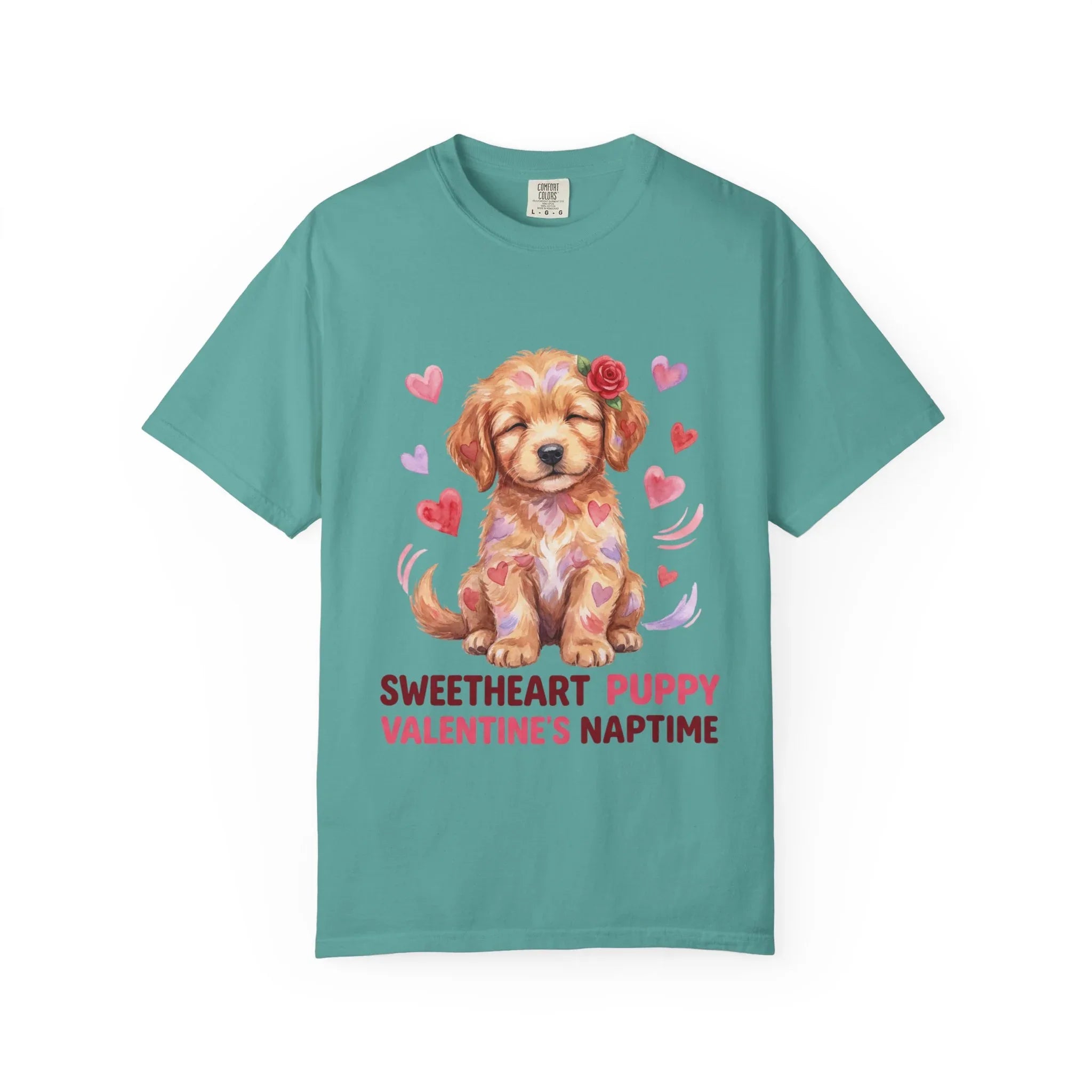 Sweetheart Puppy Valentines Naptime T Shirt Cute Watercolor Dog Art Cozy Vintage Aesthetic Gift for Dog Lovers Soft Cotton Retro Valentines Seafoam
