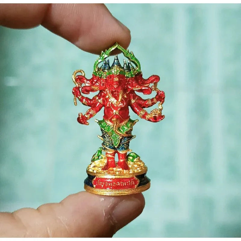 🪙 Ganesha “Five‑Headed Supreme Victory” – Pancha‑Mukha 4‑Arm Success & Obstacle‑Clearing Amulet by Phra Ajarn Liang, Wat Chom Kets, Ayutthaya Bronze plated with red enamel