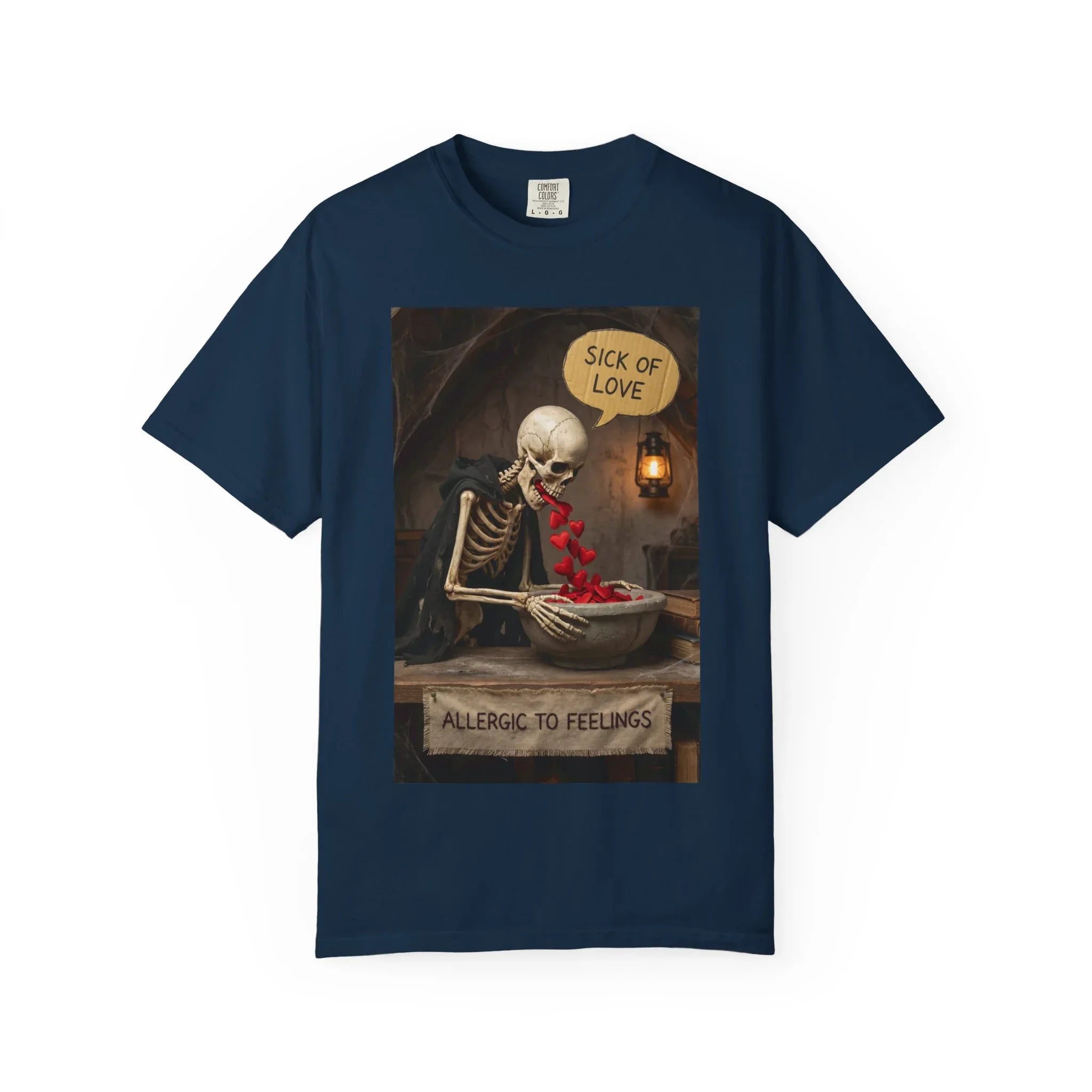 Sick of Love" Allergic To Feelings Vintage Skeleton T-Shirt - Premium Dark Humor Apparel True Navy