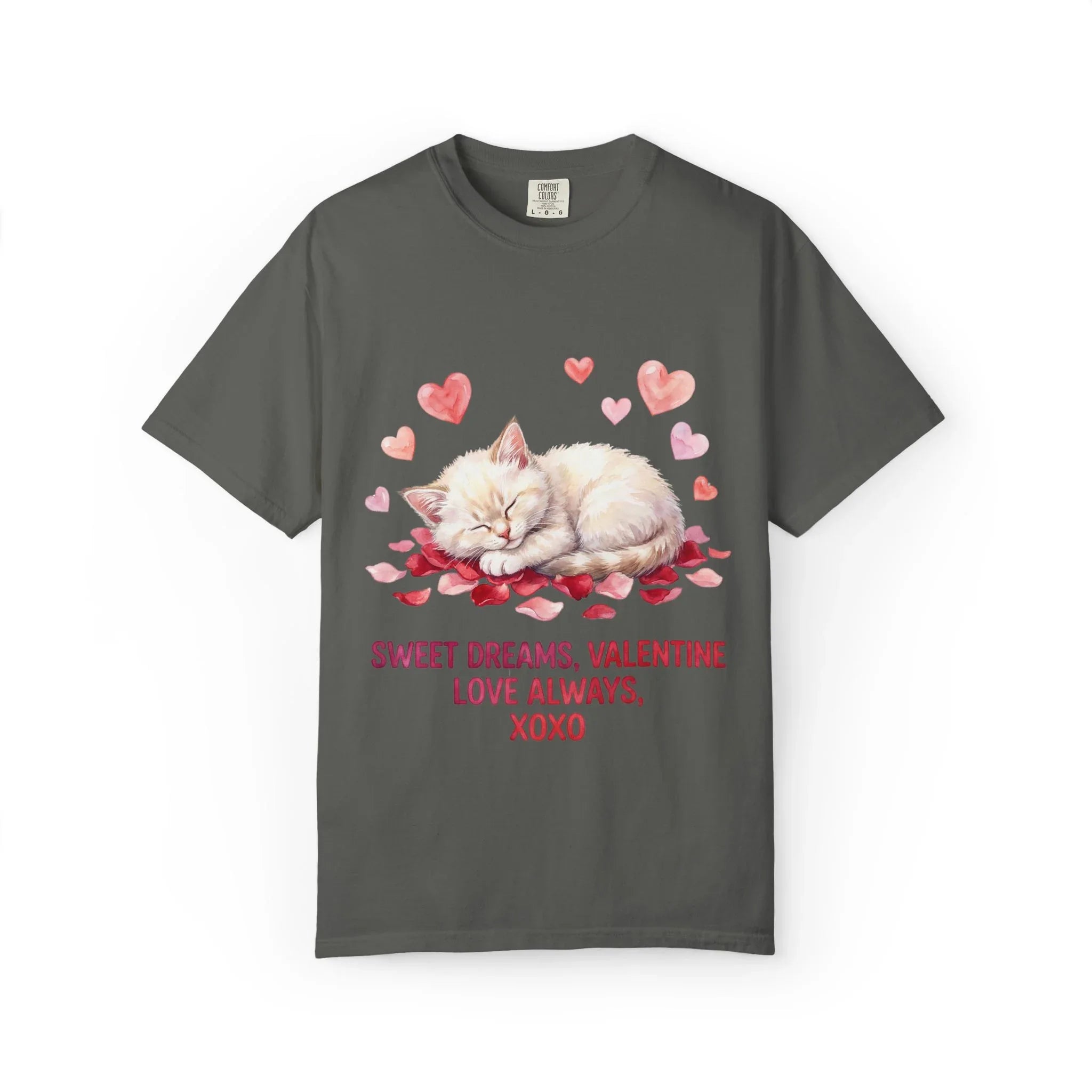 Sweet Dreams Valentine Kitten T Shirt Cute Sleeping Cat Hearts Watercolor Cozy Aesthetic Gift for Cat Lovers Soft VintageCotton Romantic Tee Pepper