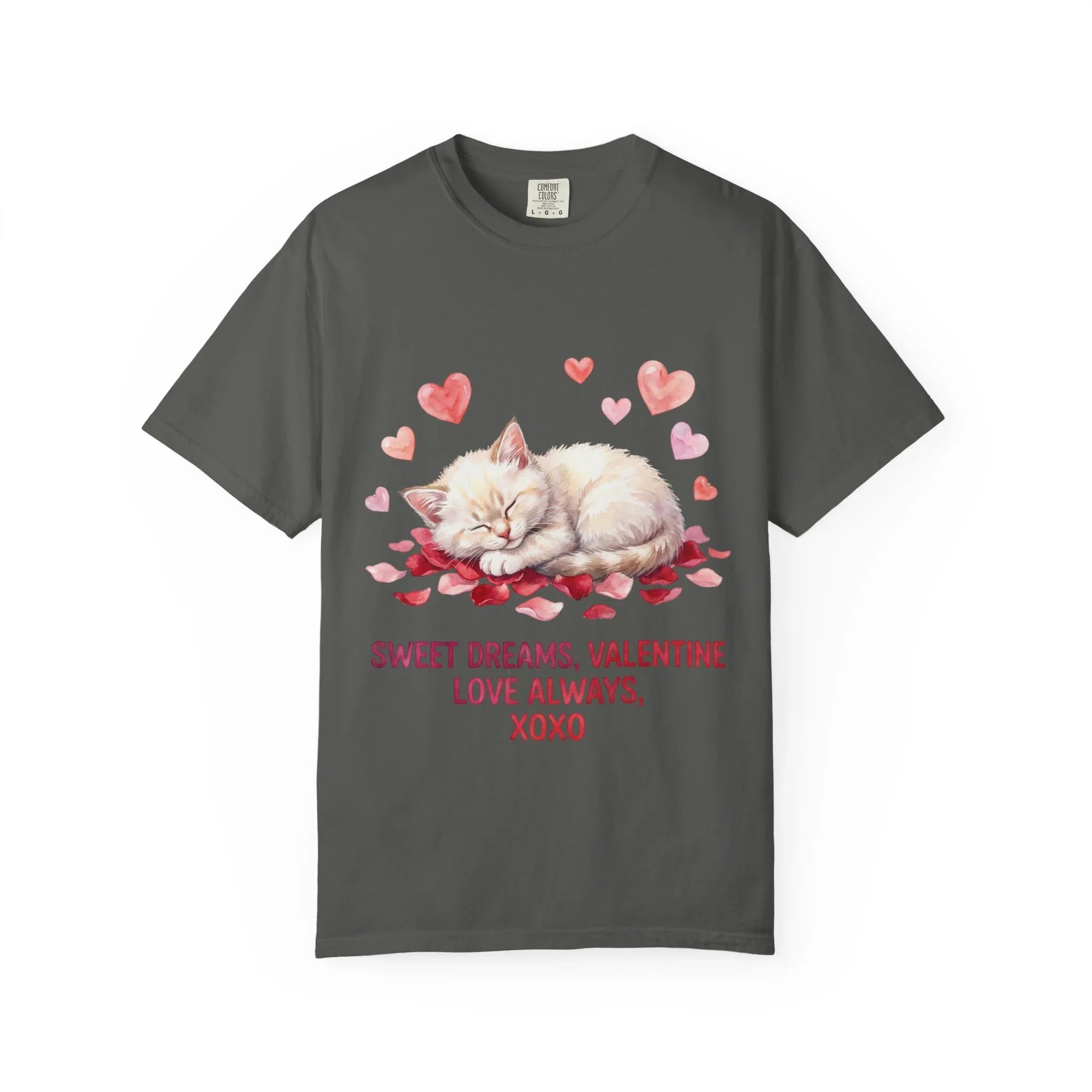 Sweet Dreams Valentine Kitten T Shirt Cute Sleeping Cat Hearts Watercolor Cozy Aesthetic Gift for Cat Lovers Soft VintageCotton Romantic Tee Pepper