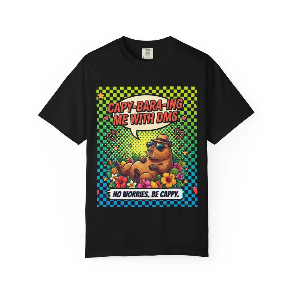 Capybara Relaxing Cartoon T-Shirt | Capy-bara-ing Me With DMs Tee | No Worries Be Cappy | Viral Meme Humor Gift Shirt Black