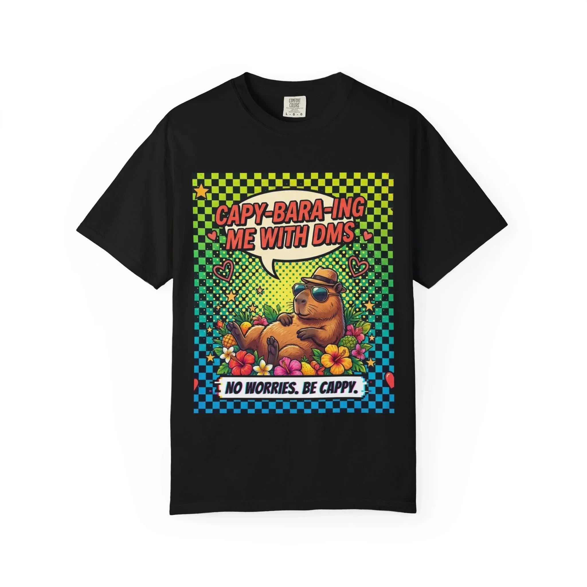 Capybara Relaxing Cartoon T-Shirt | Capy-bara-ing Me With DMs Tee | No Worries Be Cappy | Viral Meme Humor Gift Shirt Black