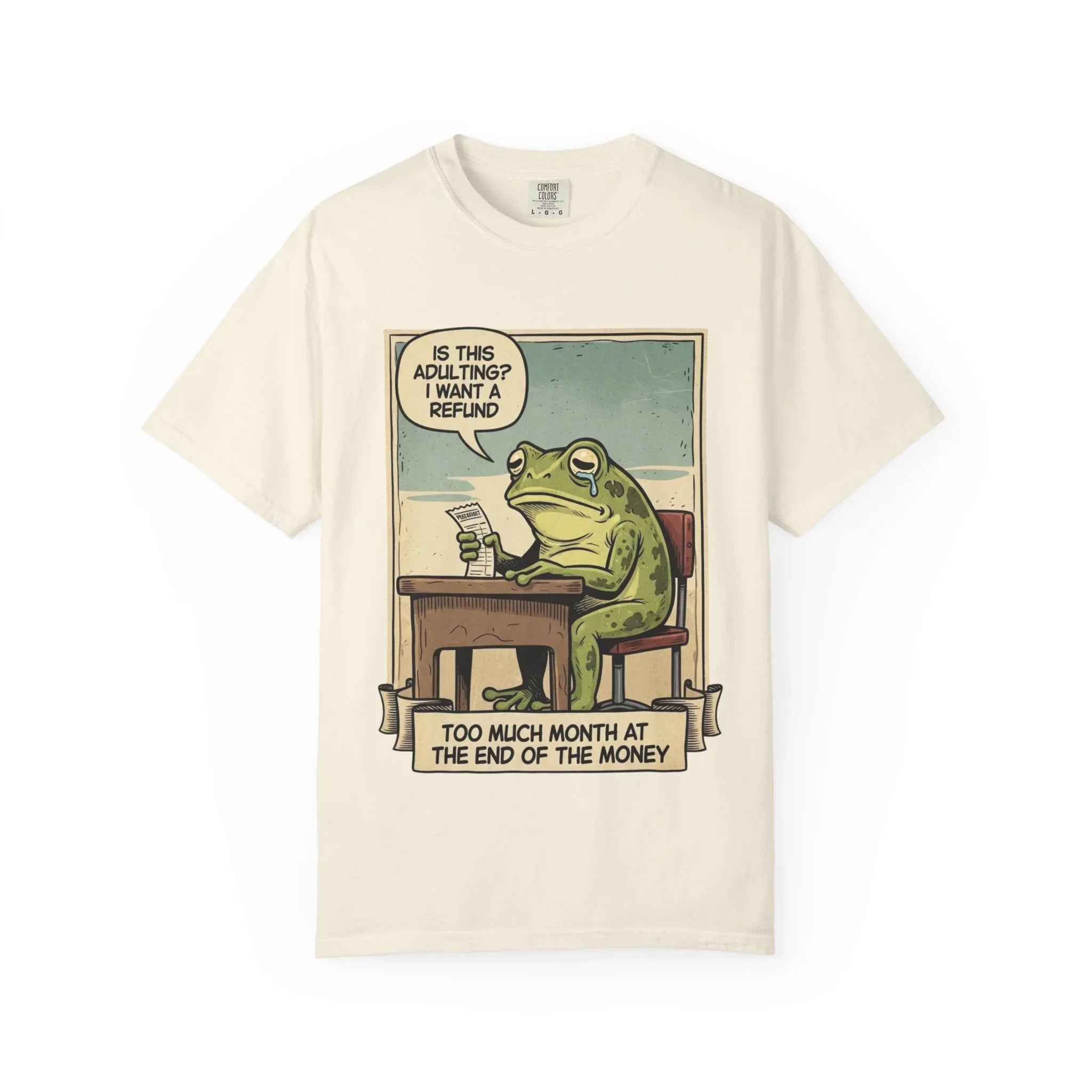Funny Adulting Shirt - Sad Frog Meme Hoodie - "Too Much Month at the End of My Money" Sweatshirt - Vintage Aesthetic Millennial Financial Humor - Relatable Broke Friend Gift Ivory