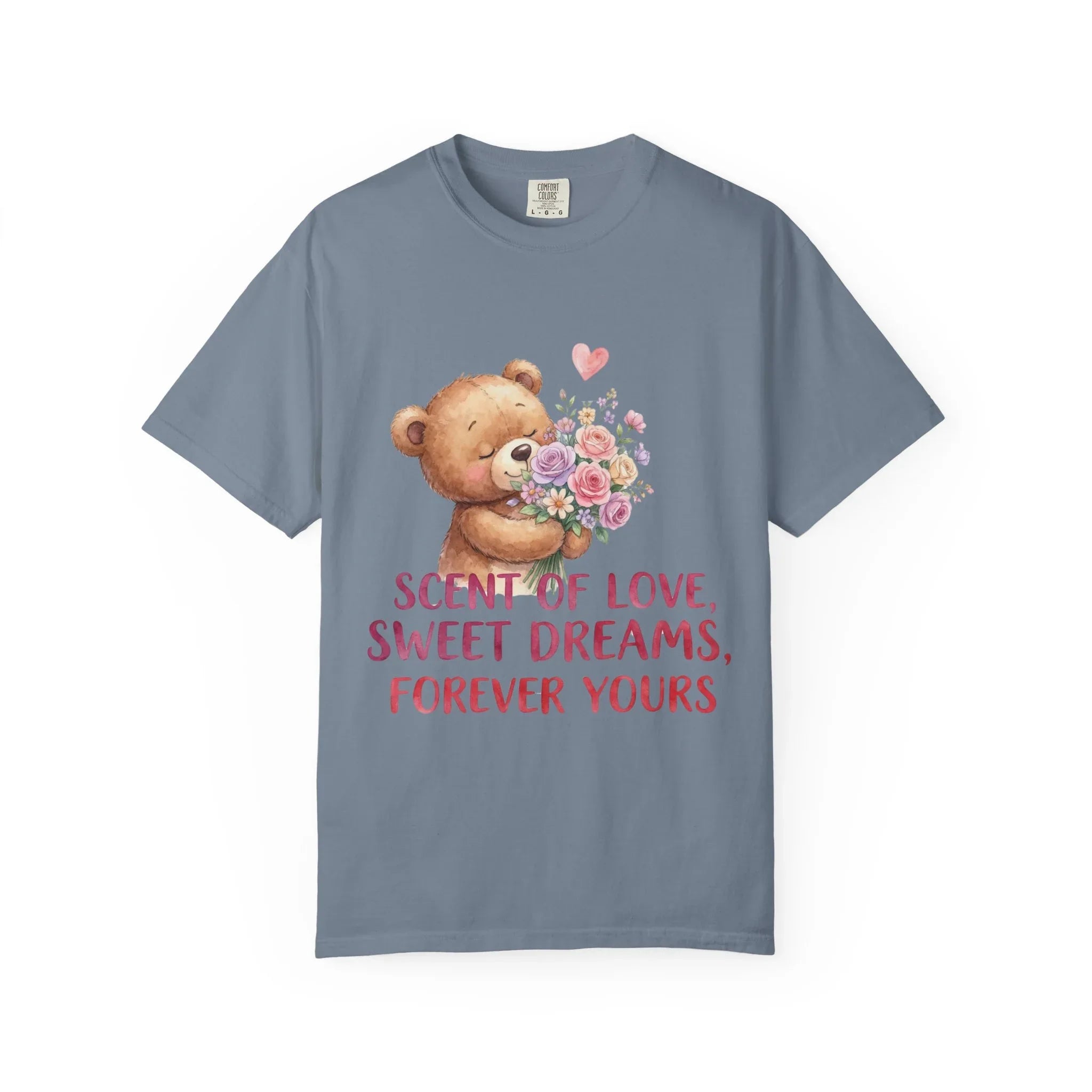Teddy Bear with Bouquet T-Shirt | Scent of Love Sweet Dreams Forever Yours | Cute Valentine Gift | Cozy Soft Vintage Aesthetic Tee Blue Jean