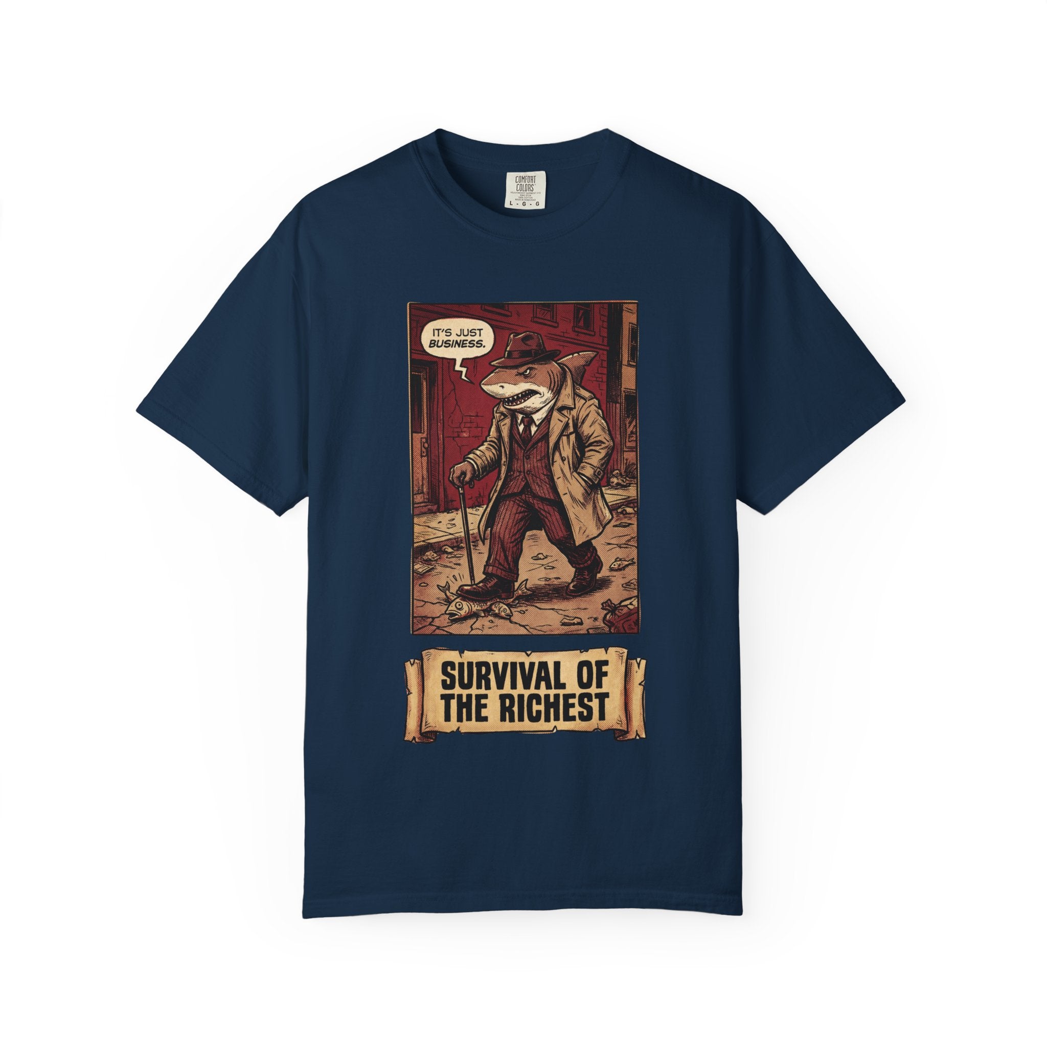 Survival of the Richest Shirt Vintage Business Shark Tee Retro Comic Style Satirical Graphic Top Dark Humor Mafia Art Gift True Navy