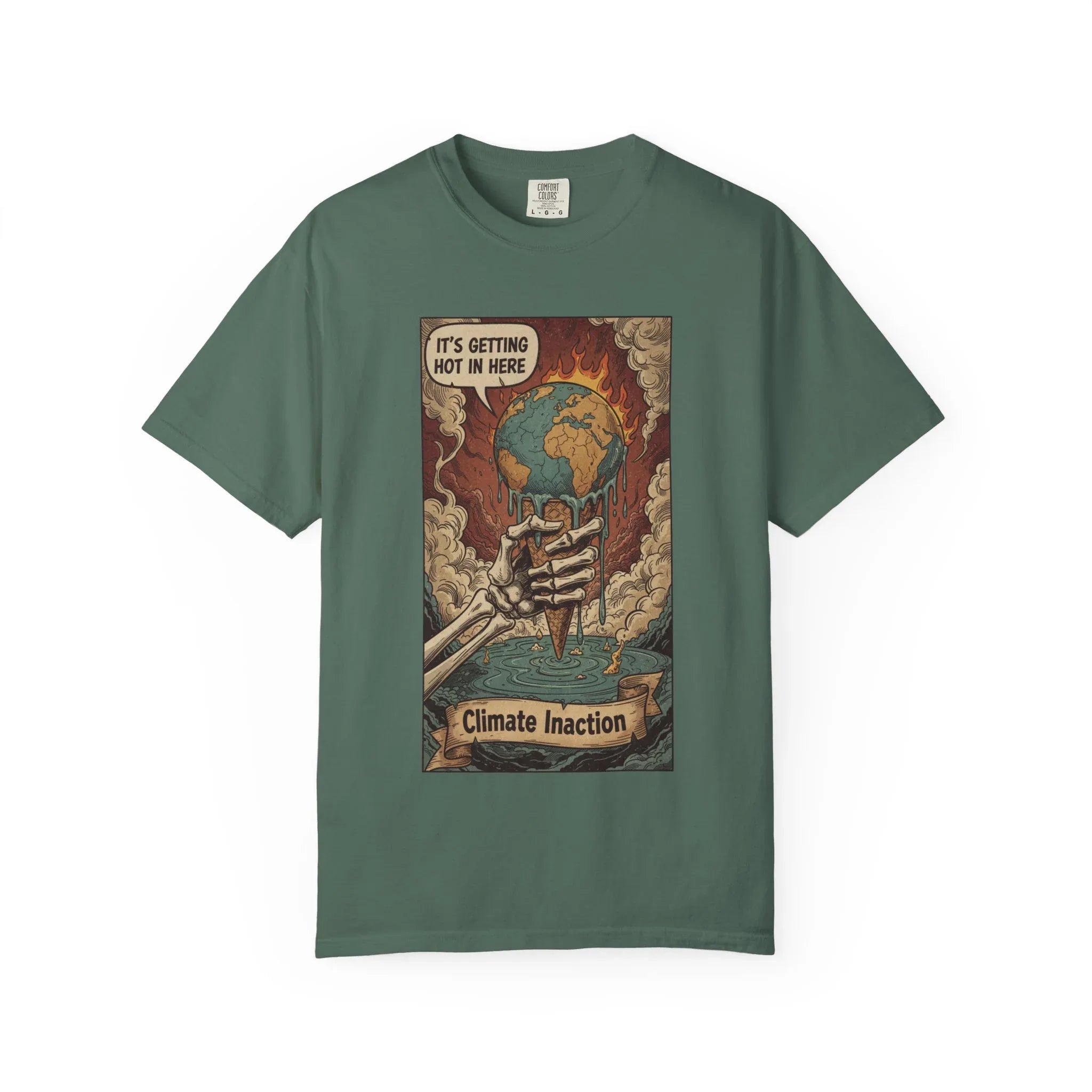 Climate Inaction Melting Earth Shirt - Global Warming Satire Tee - Skeleton Hand Vintage Graphic - Environmental Activist Gift - Retro Distressed Planet Earth T-Shirt Blue Spruce