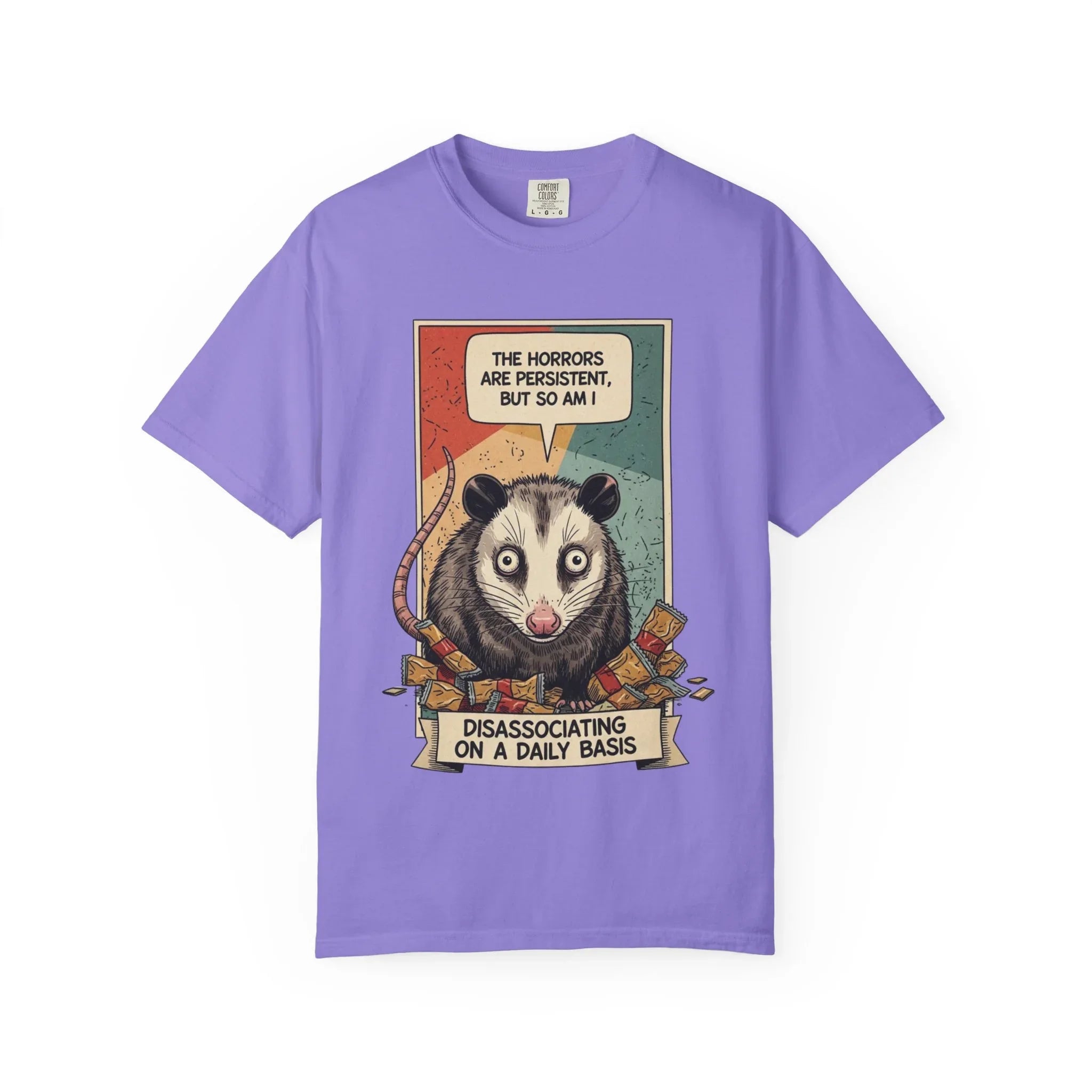 Funny Opossum Shirt - "The Horrors Are Persistent But So Am I" Tee - Mental Health Awareness Gift - Disassociation Meme Sweatshirt - Retro Trash Cat Hoodie Violet