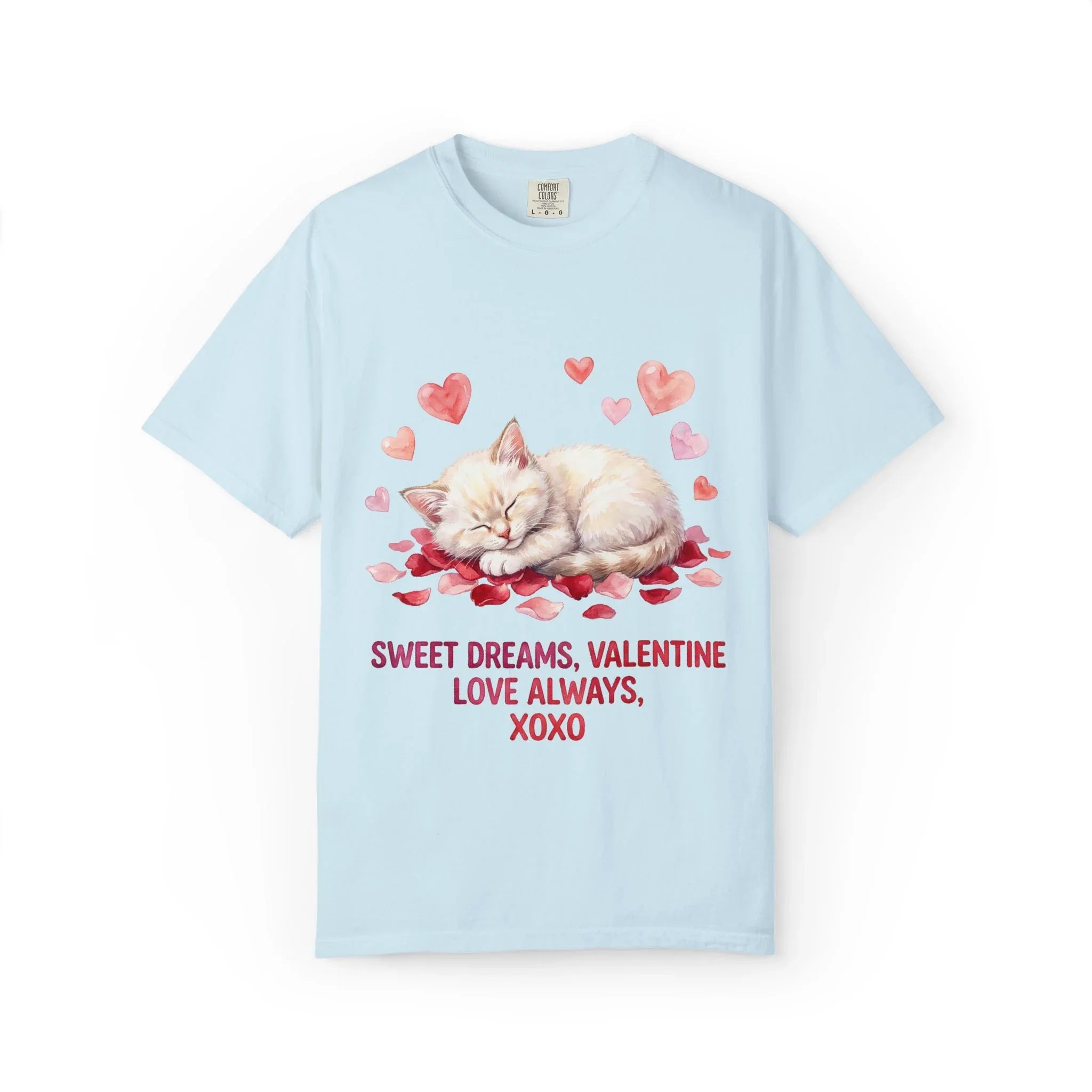 Sweet Dreams Valentine Kitten T Shirt Cute Sleeping Cat Hearts Watercolor Cozy Aesthetic Gift for Cat Lovers Soft VintageCotton Romantic Tee Chambray