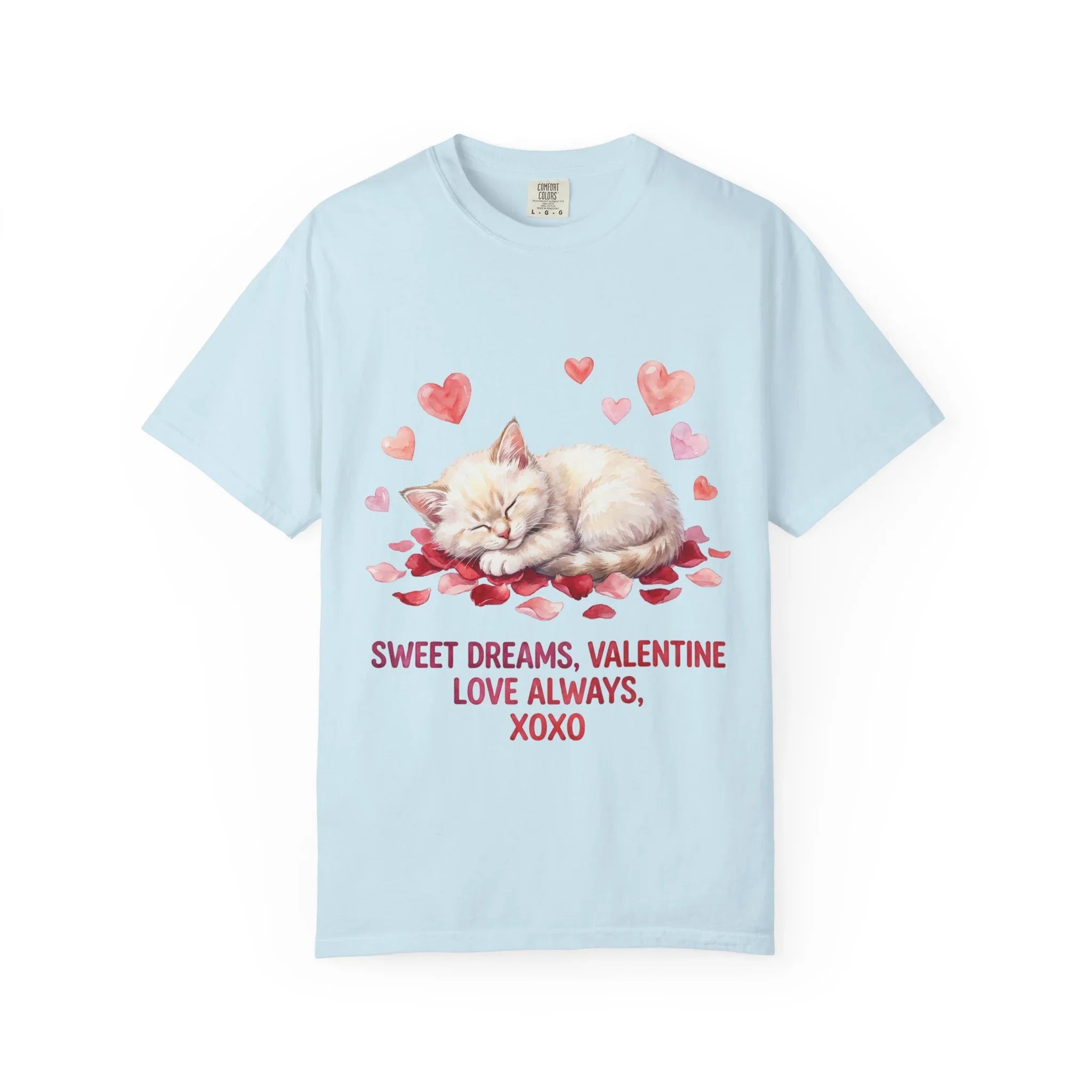 Sweet Dreams Valentine Kitten T Shirt Cute Sleeping Cat Hearts Watercolor Cozy Aesthetic Gift for Cat Lovers Soft VintageCotton Romantic Tee Chambray