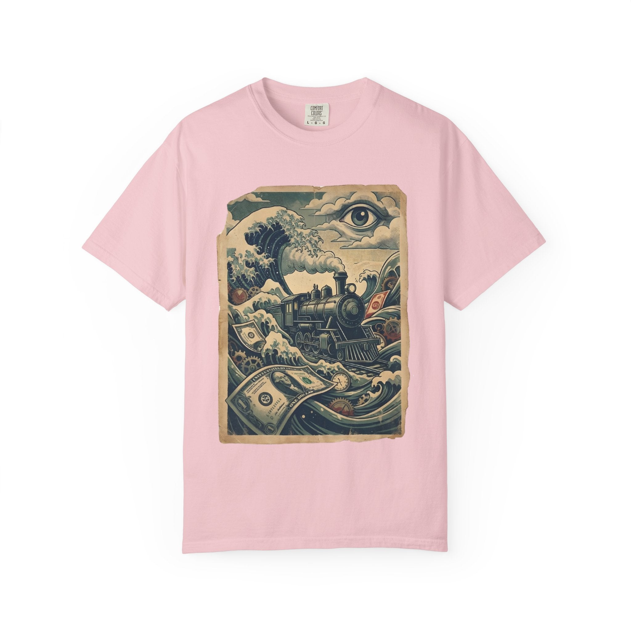 Financial Tsunami T-Shirt - Steam Train Economic Crisis Tee - Vintage Surrealist Satire Shirt - Sarcastic Money Wave Graphic Blossom