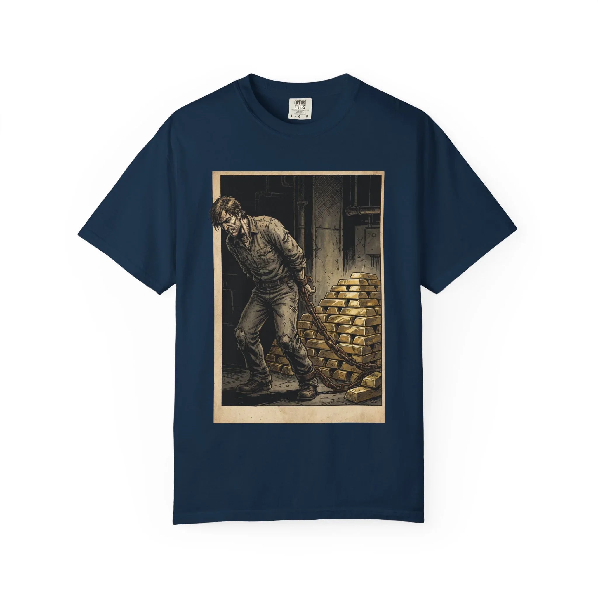 Heavy Gold Chains Satirical Shirt - Gritty Comic Art Tee - "Golden Burden" Wealth Trap Graphic - Vintage Prisoner of Greed Gift - Dark Humor Satire Streetwear True Navy