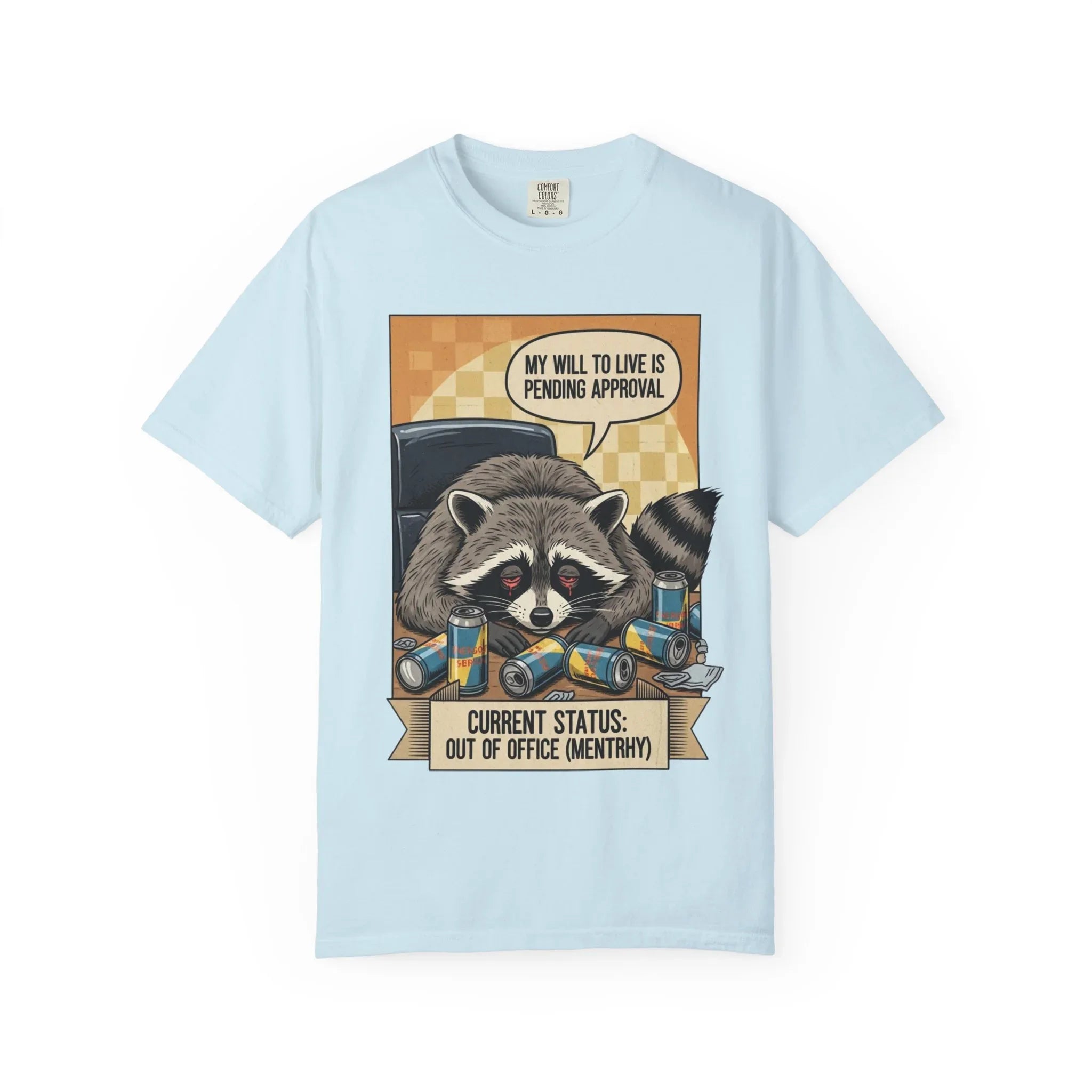 Funny Raccoon Shirt - Mentally Exhausted Office Tee - Retro Trash Panda Corporate Humor - Sarcastic "Pending Approval" T-Shirt - Relatable Coworker Gift & Work From Home Apparel Chambray