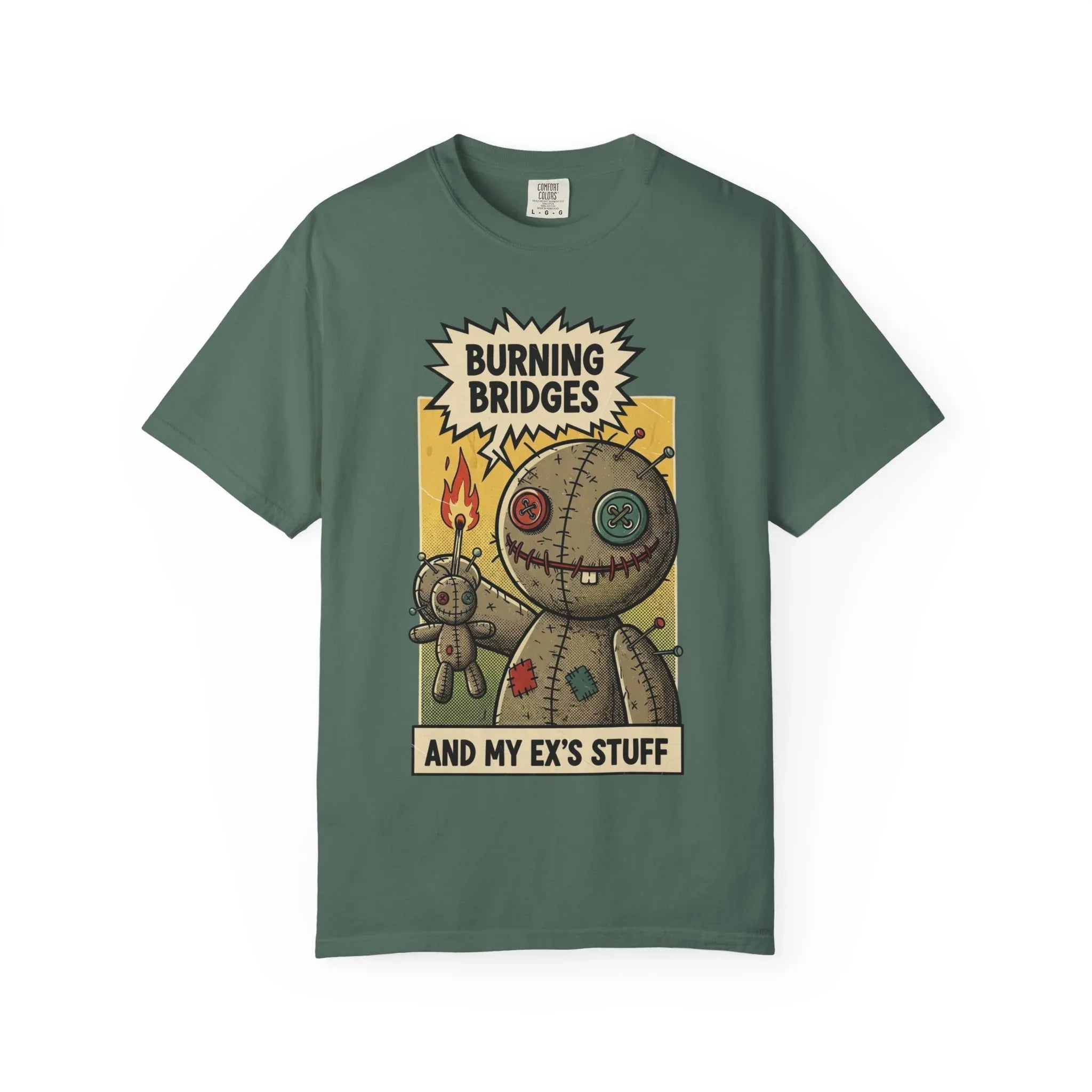 Burning Bridges Funny Breakup Shirt - Vintage Voodoo Doll Graphic Tee - Sarcastic Ex-Relationship T-Shirt - Retro Comic Dark Humor Gift - Mid-Century Aesthetic Streetwear Blue Spruce