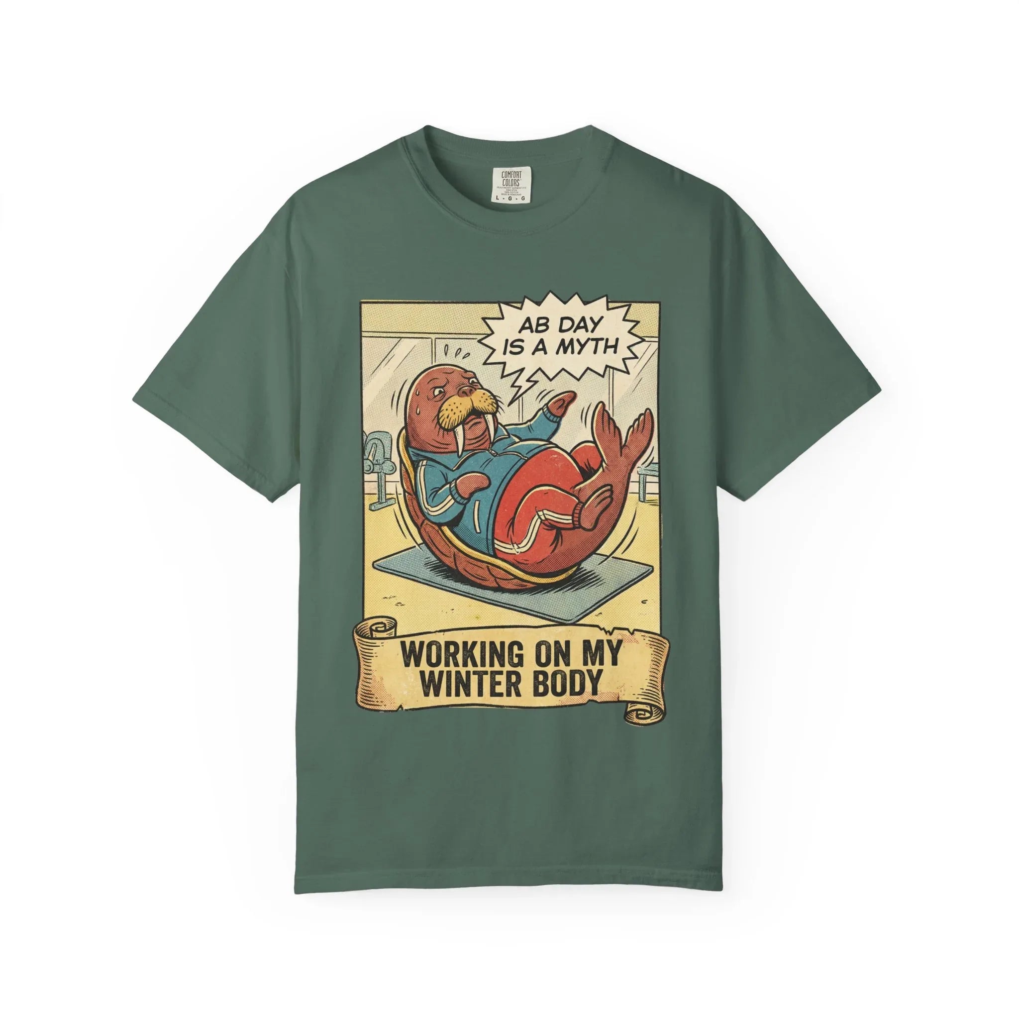 Funny Walrus Gym Shirt - "Ab Day Is A Myth" Retro Comic Tee - Sarcastic Workout Graphic T-Shirt - Working On My Winter Body Gift - Vintage Pop Art Fitness Streetwear Blue Spruce