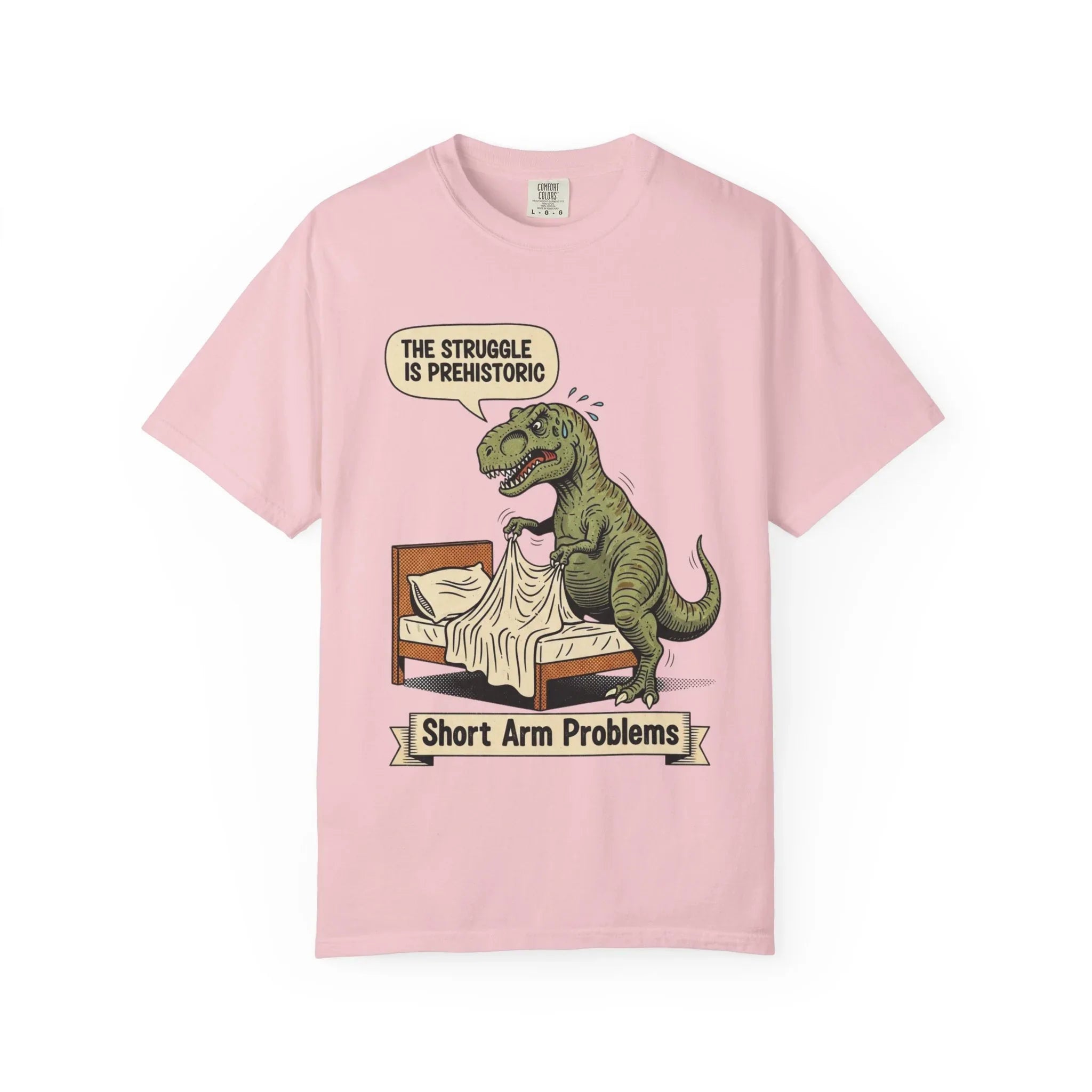 Funny T-Rex Shirt - "The Struggle Is Prehistoric" Graphic Tee - Short Arm Problems Meme Tshirt - Vintage Dinosaur Humorous Gift for Him & Her - Retro Comic Style Top Blossom