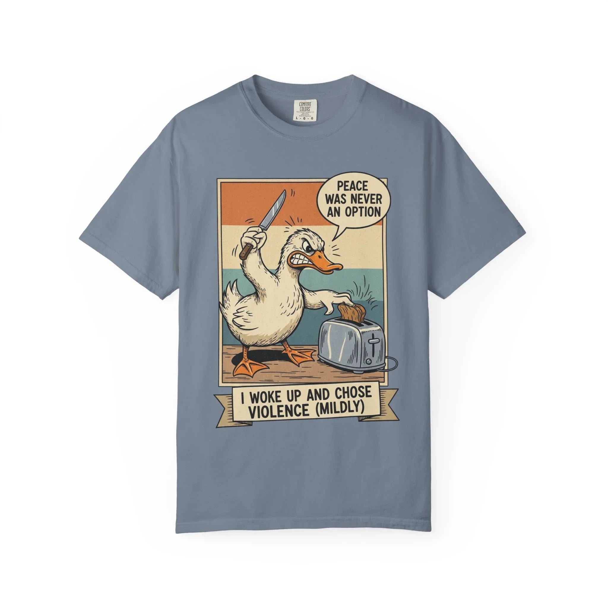 Funny Duck Shirt Meme Peace Was Never An Option Retro Vintage Aesthetic Angry Bird Knife Graphic Tee Sarcastic Gift for Friend Blue Jean