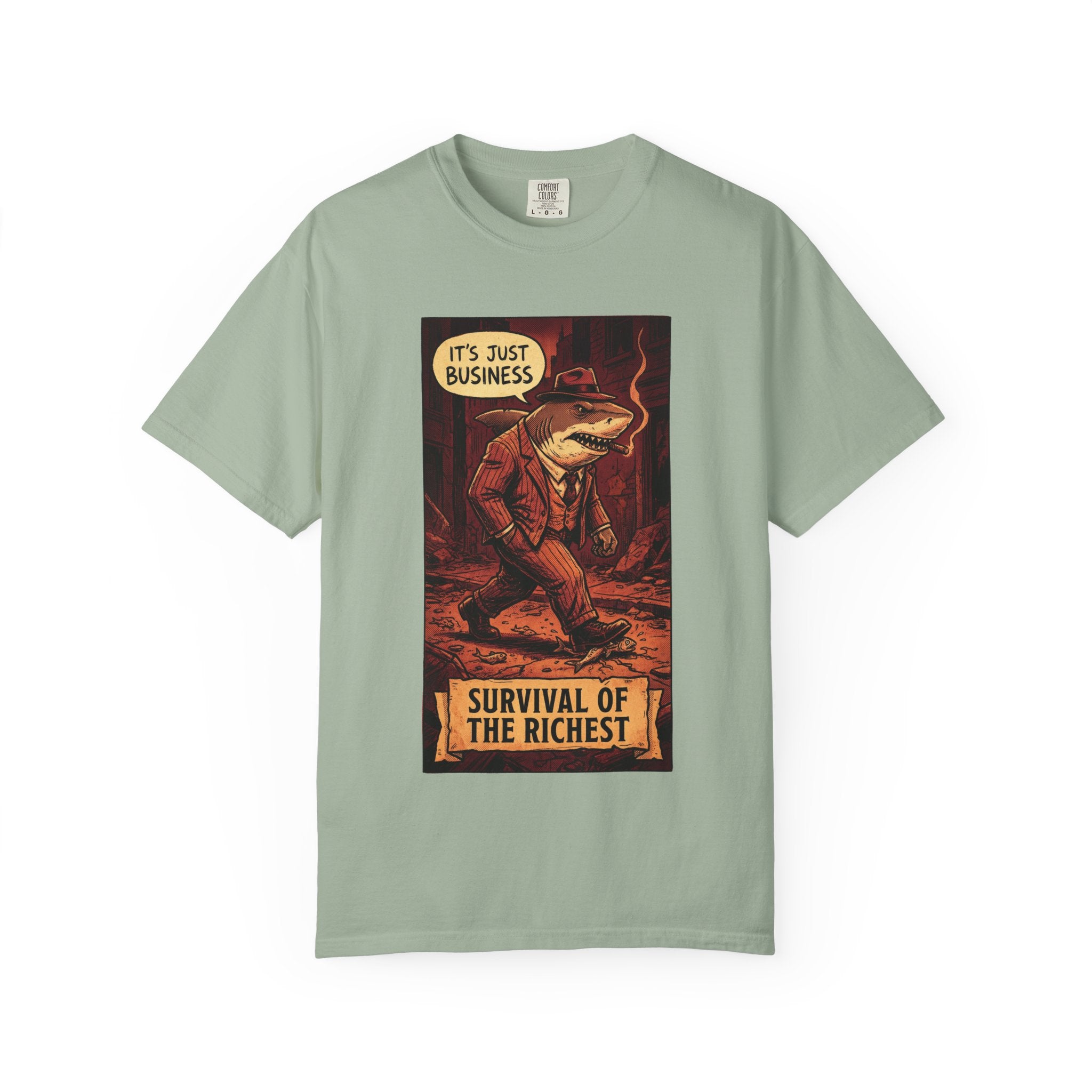 Survival of the Richest Vintage Comic Shirt | Retro Business Shark Satire Tee | Dark Humor Corporate Streetwear Bay
