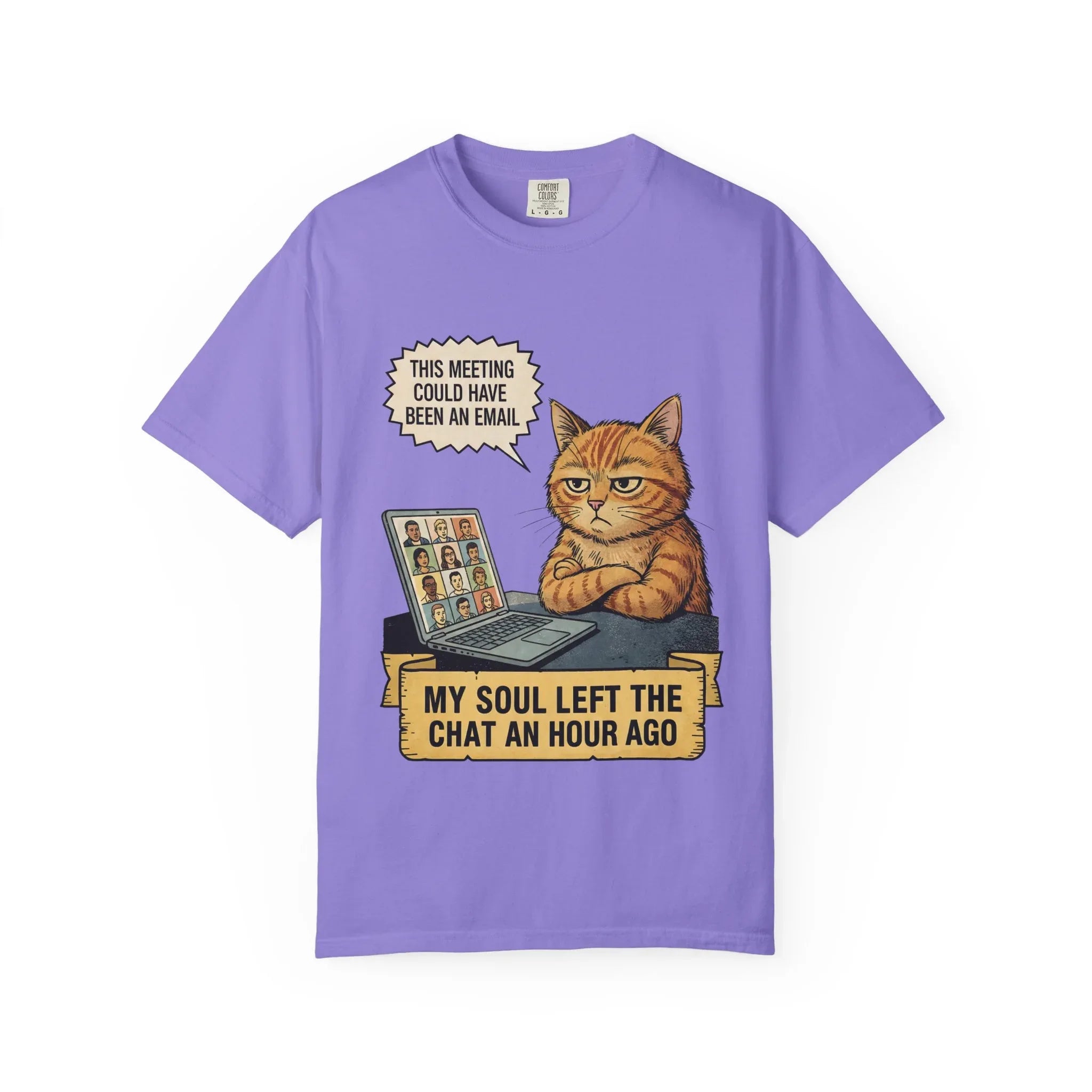 Funny Work From Home Shirt - Sarcastic Cat Hoodie - Corporate Humor Gift - "This Meeting Could Have Been An Email" Tee - Remote Work Meme - My Soul Left The Chat Top Violet