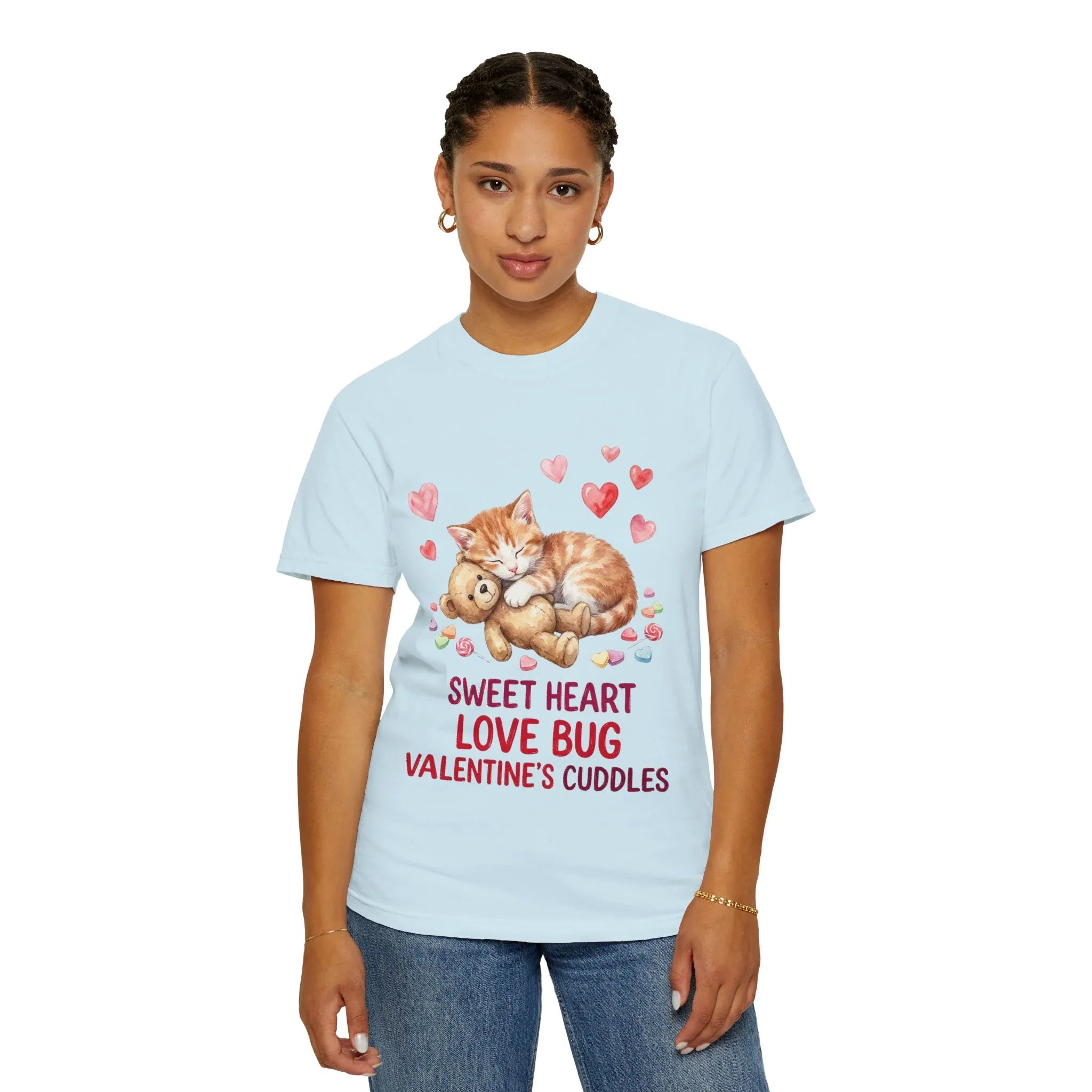 Sleeping Kitten with Teddy Bear Valentine T-Shirt | Sweetheart Love Bug Cuddles | Cozy Vintage Aesthetic | Cute Romantic Gift