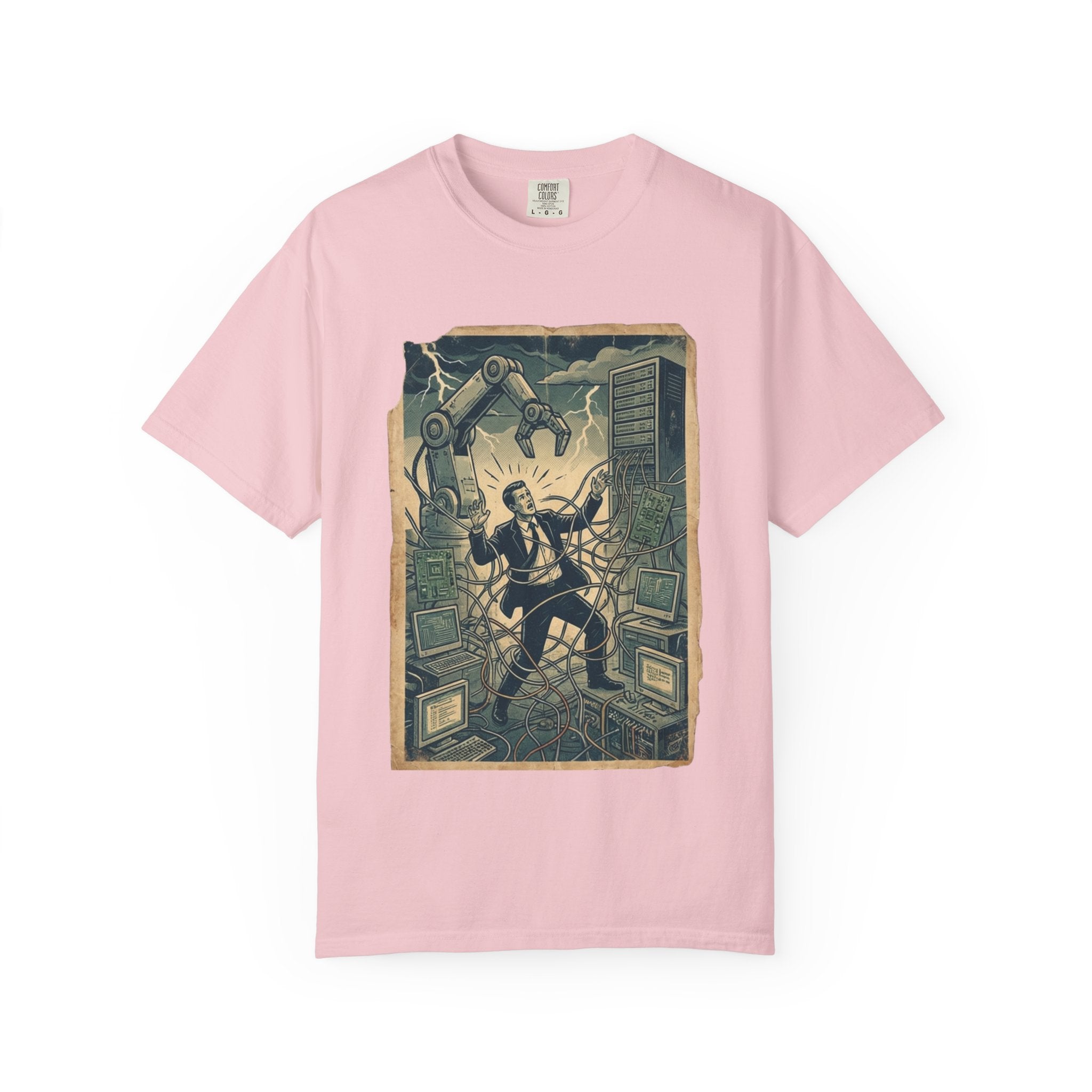 Vintage Dystopian Work Overload Shirt, Retro All-Seeing Eye Tee, Corporate Burnout Graphic, Dark Academia Aesthetic, Gift for Tech Workers, Philosophy Satire Unisex T-Shirt Blossom