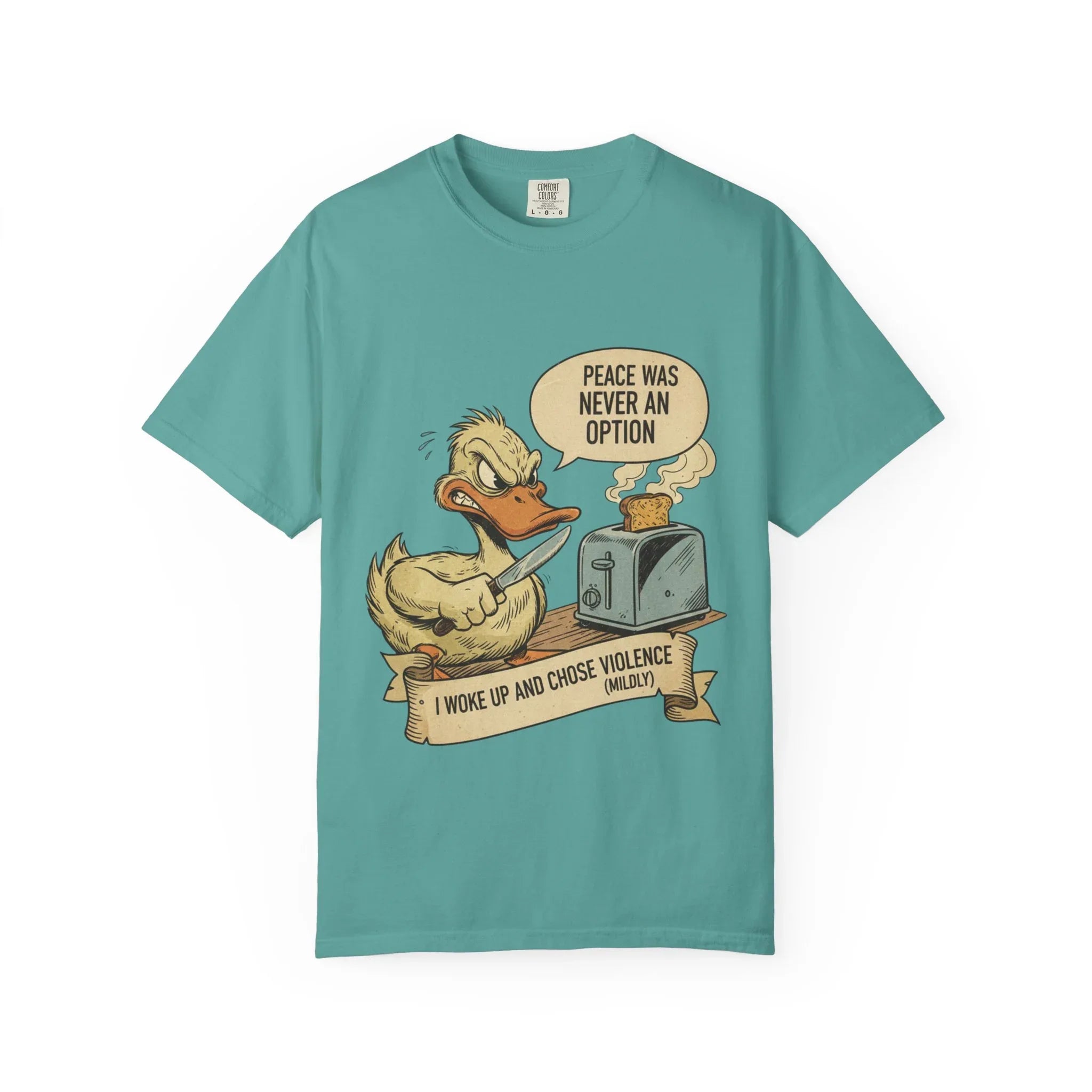 Funny Angry Duck Shirt - "I Woke Up and Chose Violence (Mildly)" Tee - Peace Was Never An Option Shirt - Sarcastic Meme Gift - Retro Comic Style Graphic T-Shirt Seafoam
