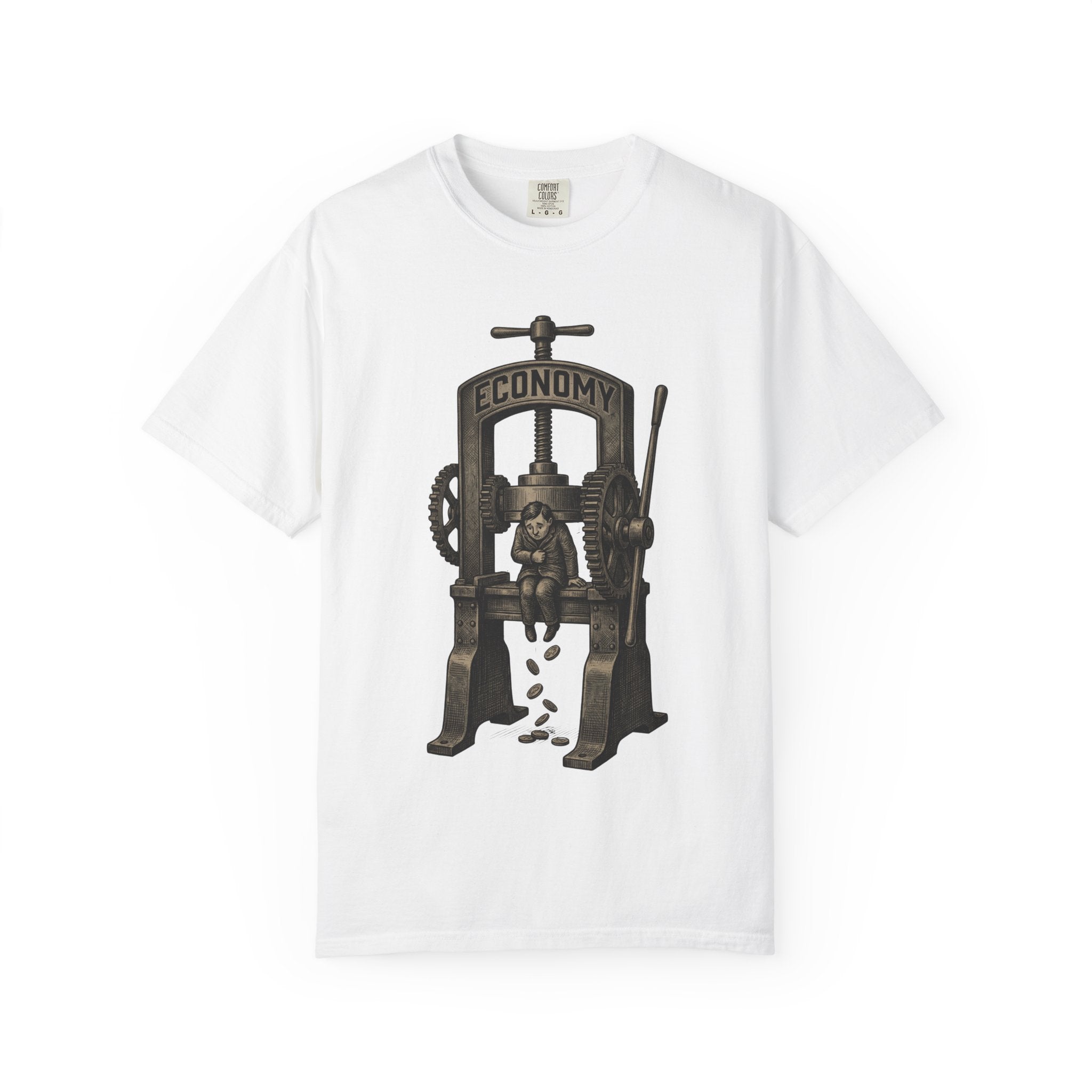 Vintage "ECONOMY" Press T-Shirt | Retro Industrial Satire Graphic Tee | Hand-Drawn Woodcut Style Socio-Economic Statement Shirt White