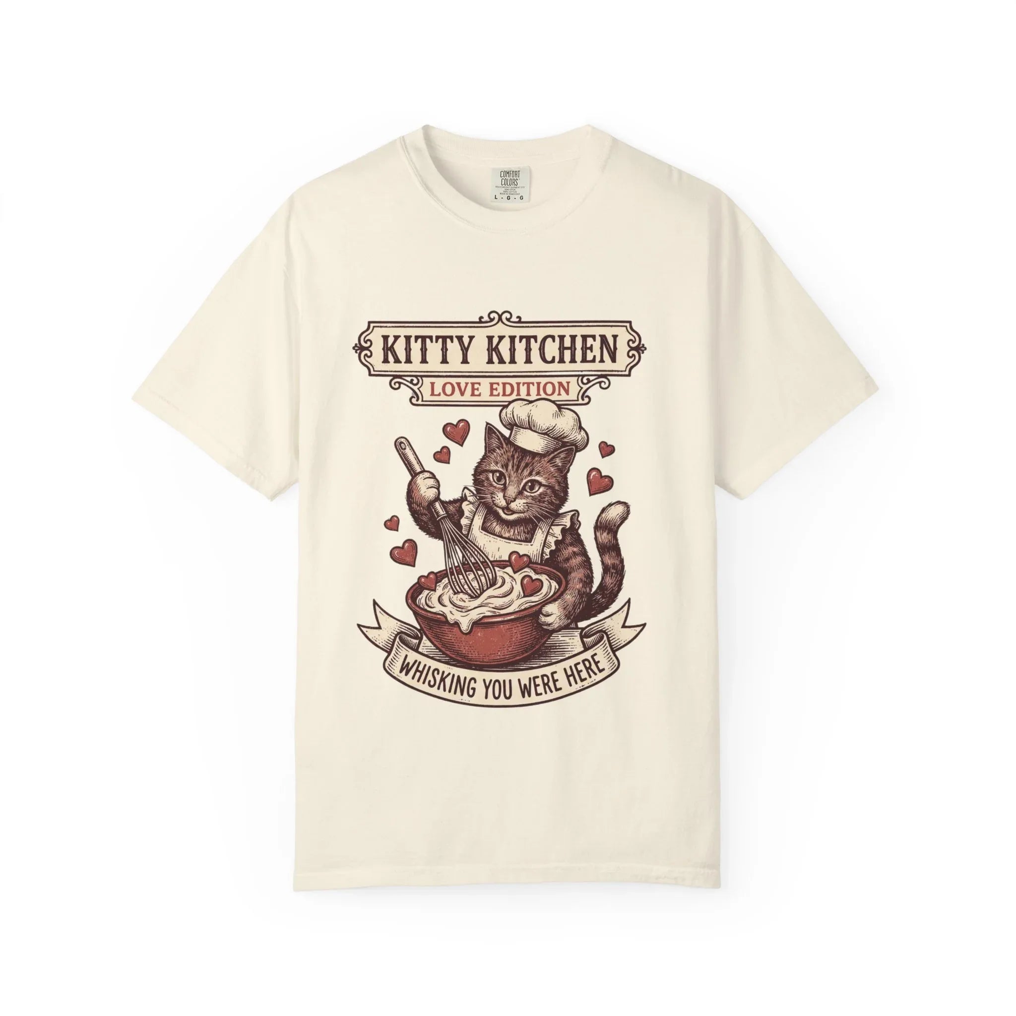 Kitty Kitchen Love T-Shirt | Vintage Cat Chef Whisking You Were Here Graphic Tee Ivory