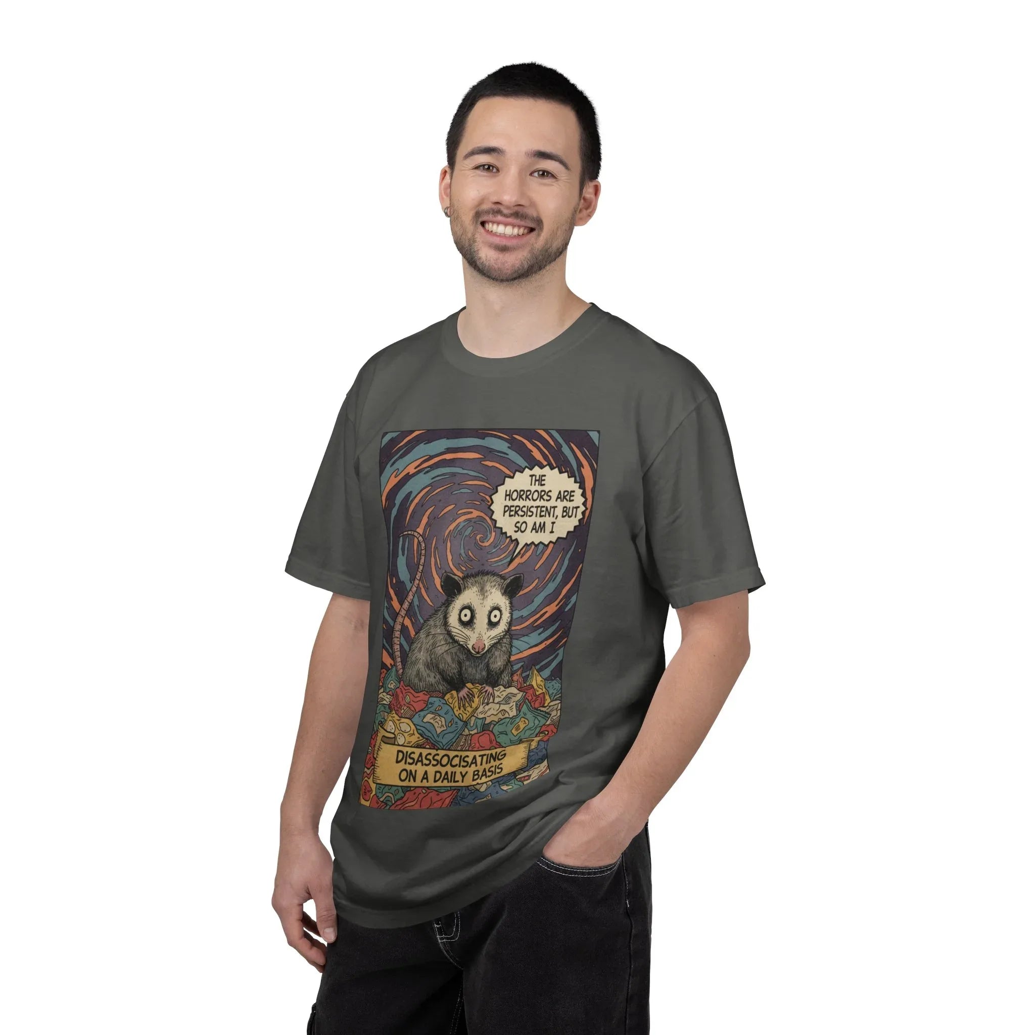 Funny Opossum Shirt - "The Horrors Are Persistent But So Am I" T-Shirt - Dissociating Daily Meme Tee - Retro Possum Art Weirdcore Graphic - Sarcastic Mental Health Apparel