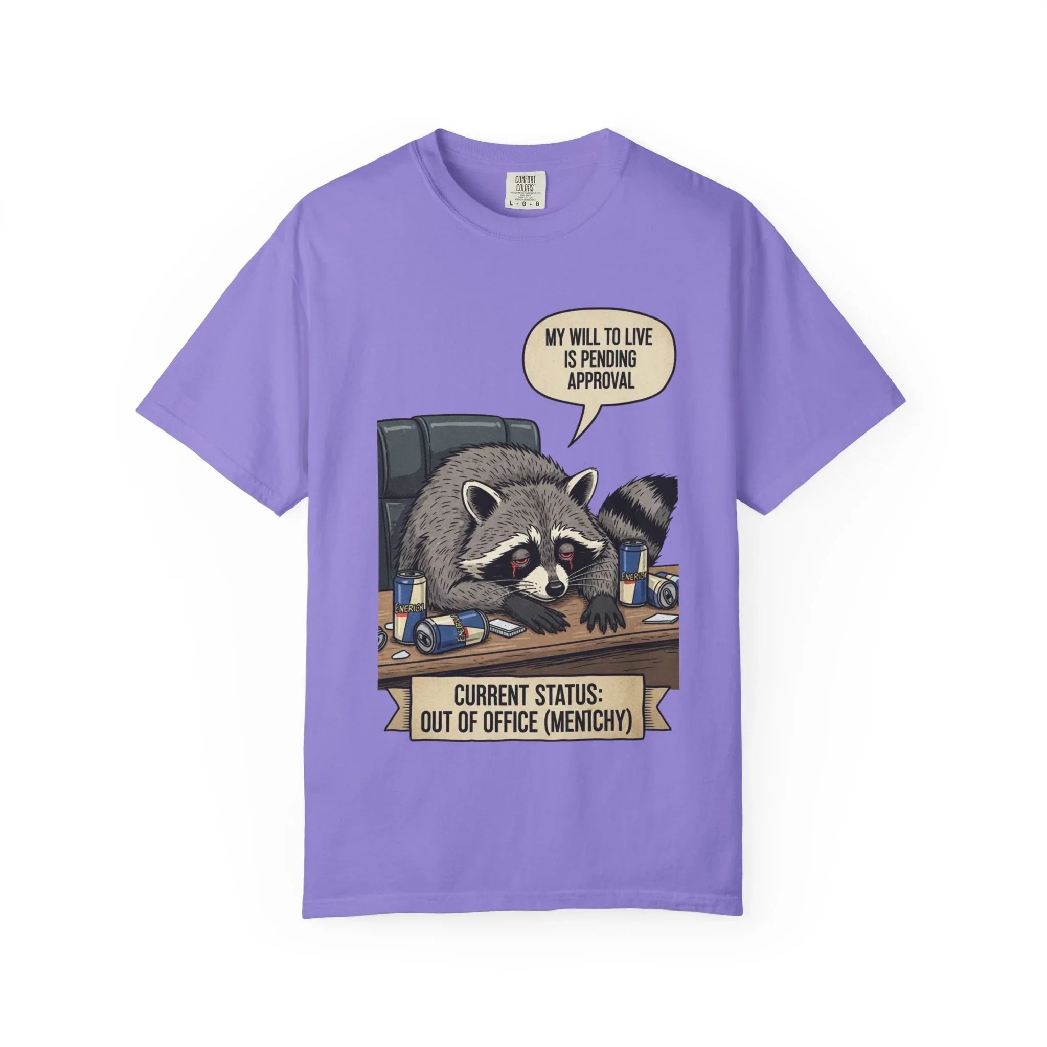 Funny Raccoon Shirt - "My Will To Live Is Pending Approval" Tee - Sarcastic Office Humor Gift - Out of Office Mentally T-Shirt - Retro Corporate Survival Graphic Shirt Violet