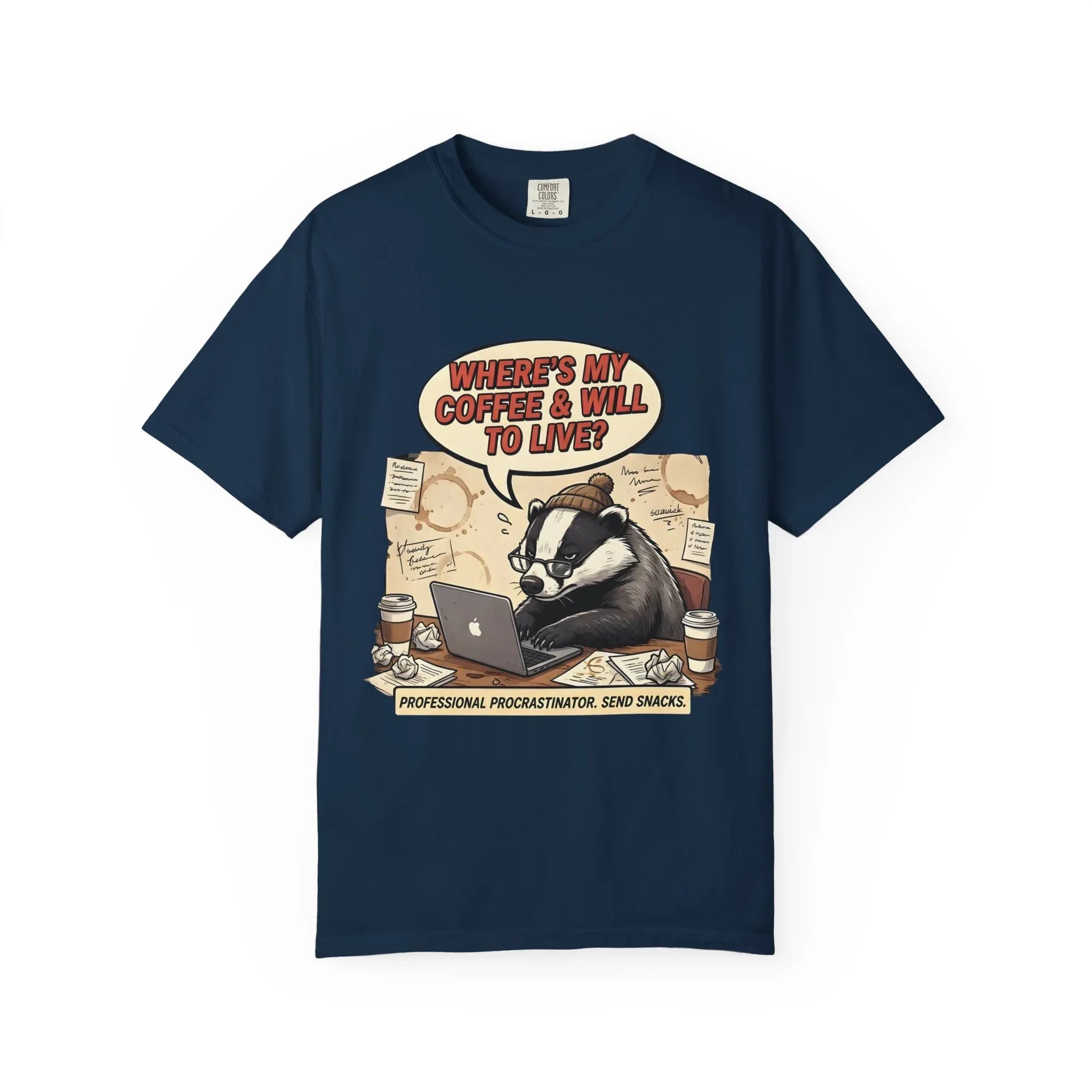 Where's My Coffee and Will to Live Badger T-Shirt | Procrastination Coffee Design | Funny Freelancer Gift | Vintage Sarcastic Humor Tee True Navy