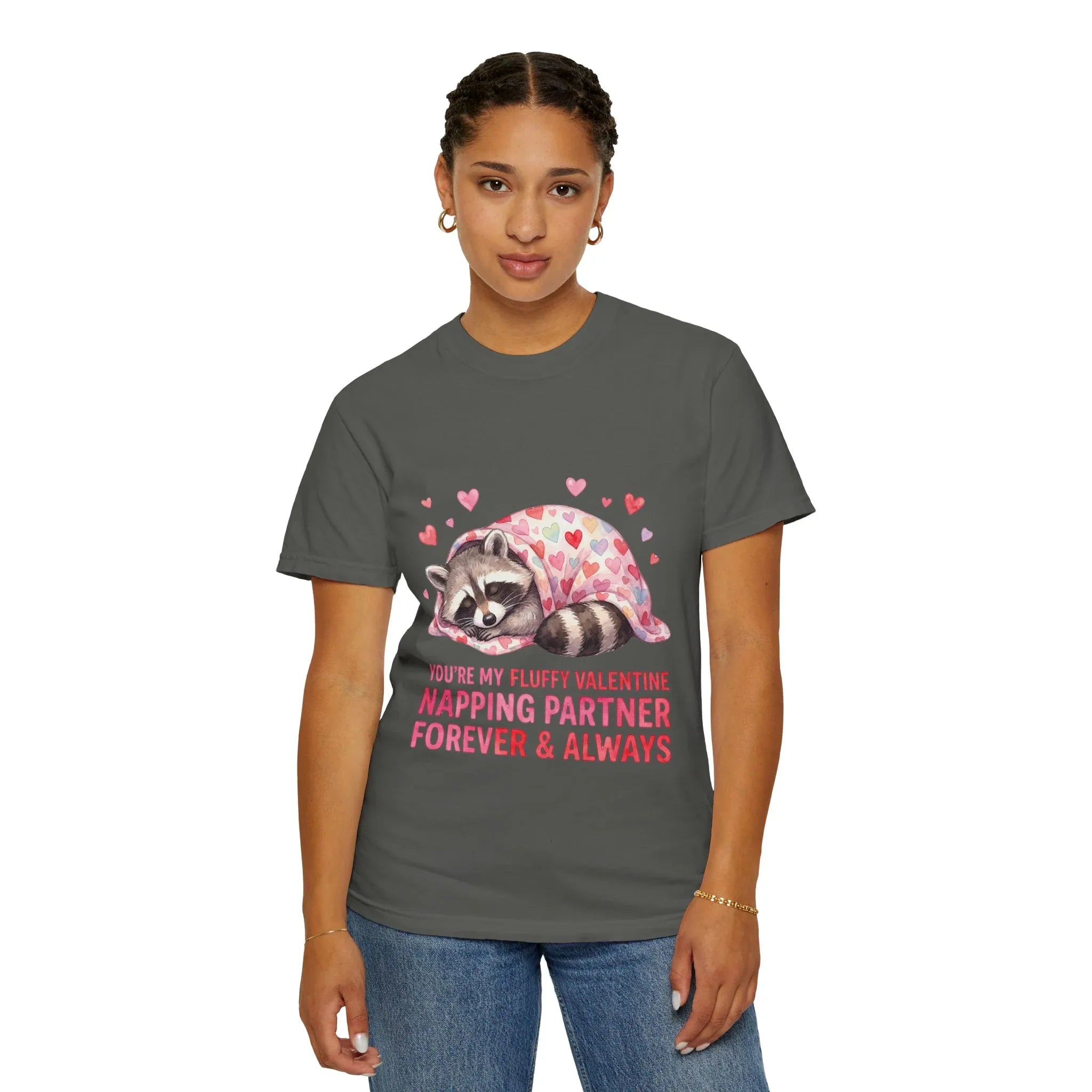 Sleeping Raccoon Valentine T Shirt Fluffy Napping Partner Forever Watercolor Cozy Vintage Aesthetic Gift Animal Lovers Soft Cotton Romantic
