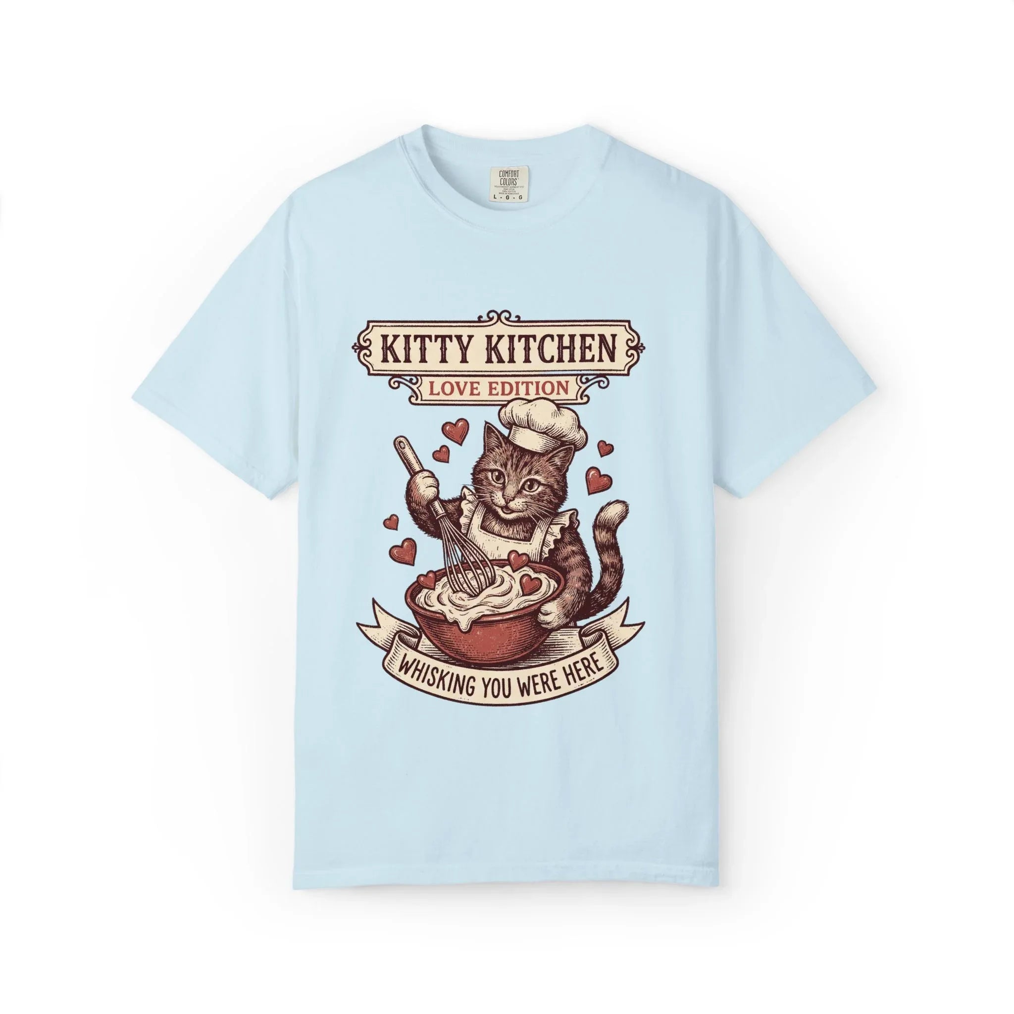 Kitty Kitchen Love T-Shirt | Vintage Cat Chef Whisking You Were Here Graphic Tee Chambray