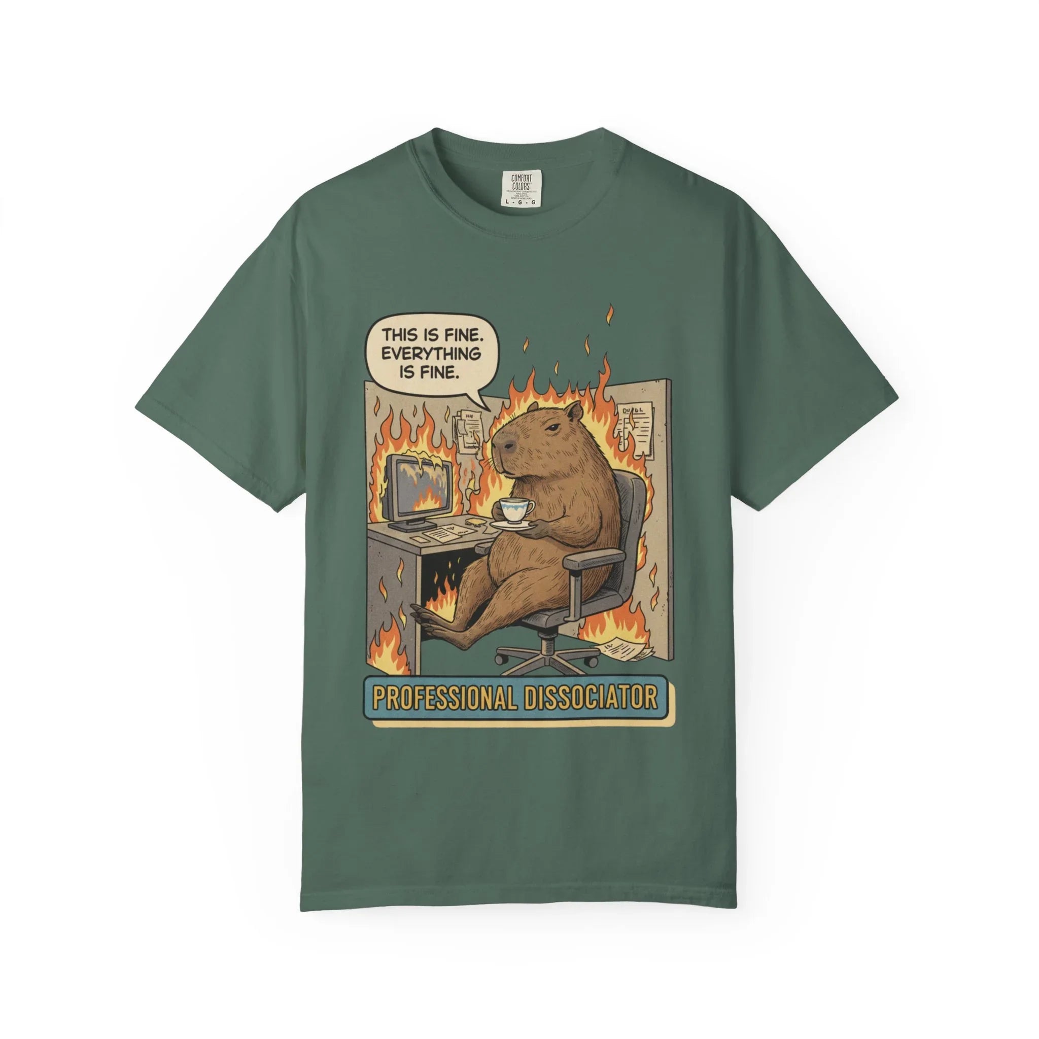 Funny Capybara "This Is Fine" Shirt - Professional Dissociator Tee - Mental Health Meme T-Shirt - Sarcastic Office Humor Gift - Relatable Corporate Grind Apparel Blue Spruce