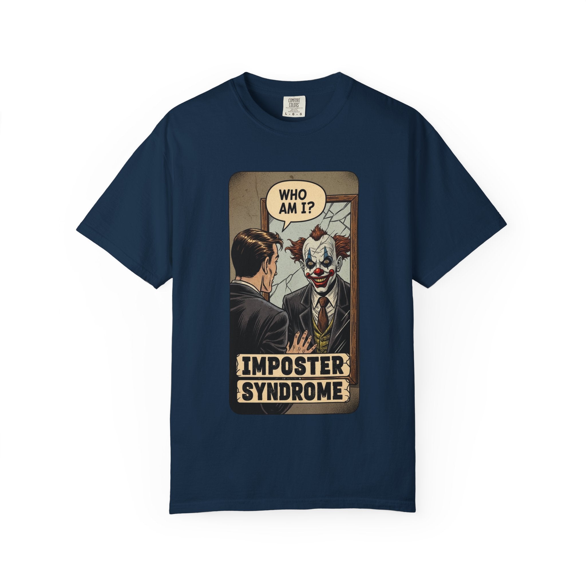 Imposter Syndrome Shirt Vintage Clown Mirror Tee Funny Mental Health Graphic T-Shirt Sarcastic Retro Who Am I Top Corporate Humor Gift True Navy