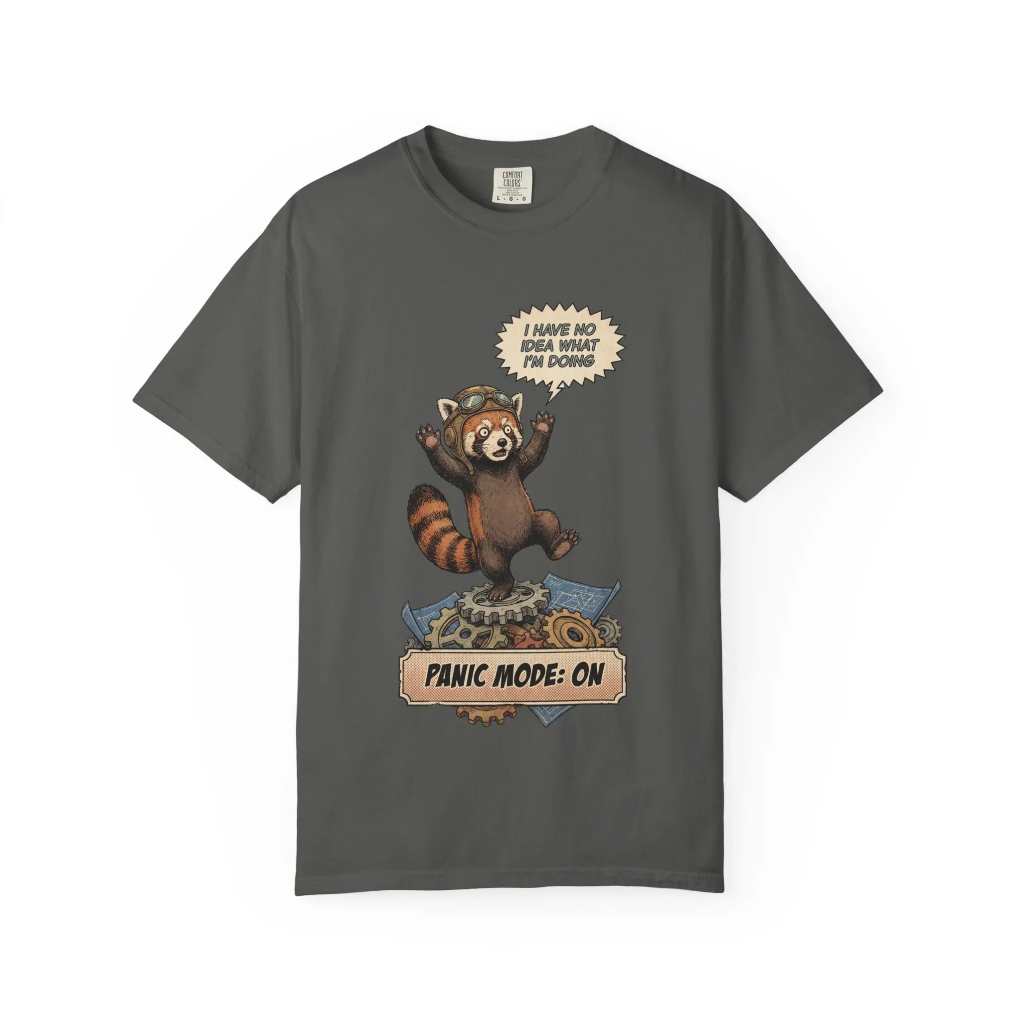 Vintage Red Panda T-Shirt - Funny Engineer Gift - Panicked Pilot Shirt - Imposter Syndrome Meme Tee - Retro Mechanic Animal Graphic - "Panic Mode On" Top Pepper