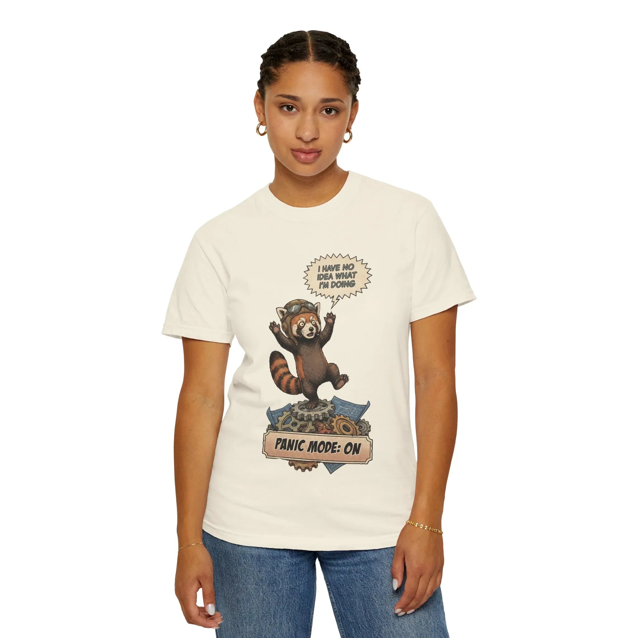 Vintage Red Panda T-Shirt - Funny Engineer Gift - Panicked Pilot Shirt - Imposter Syndrome Meme Tee - Retro Mechanic Animal Graphic - "Panic Mode On" Top