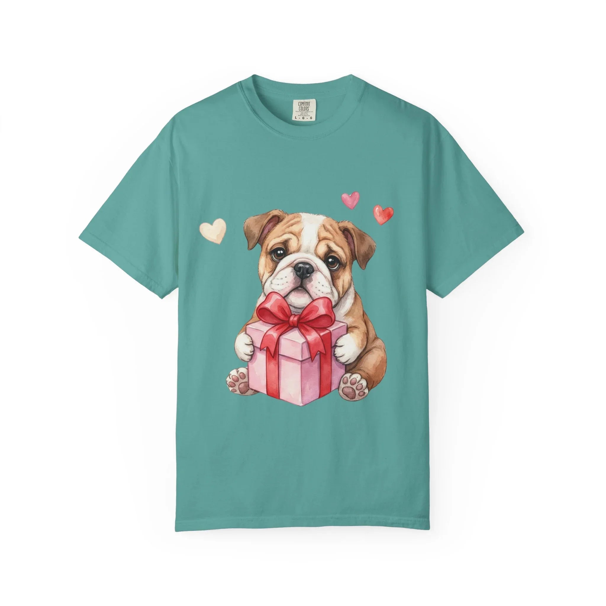 Bulldog Puppy with Gift T-Shirt | Cute Dog Valentine Hearts | Cozy Pet Lover Gift | Soft Vintage Aesthetic Dog Tee Seafoam
