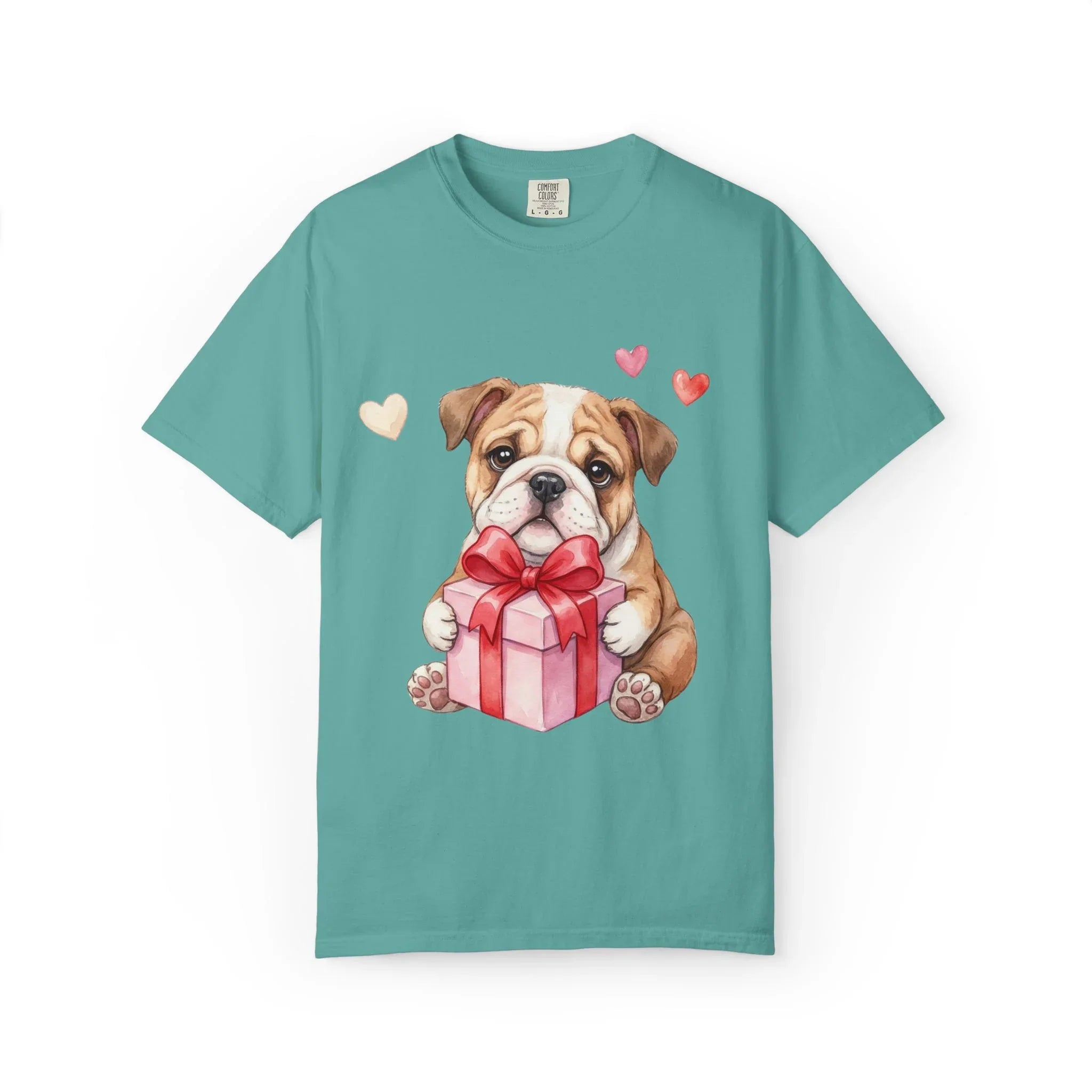 Bulldog Puppy with Gift T-Shirt | Cute Dog Valentine Hearts | Cozy Pet Lover Gift | Soft Vintage Aesthetic Dog Tee Seafoam