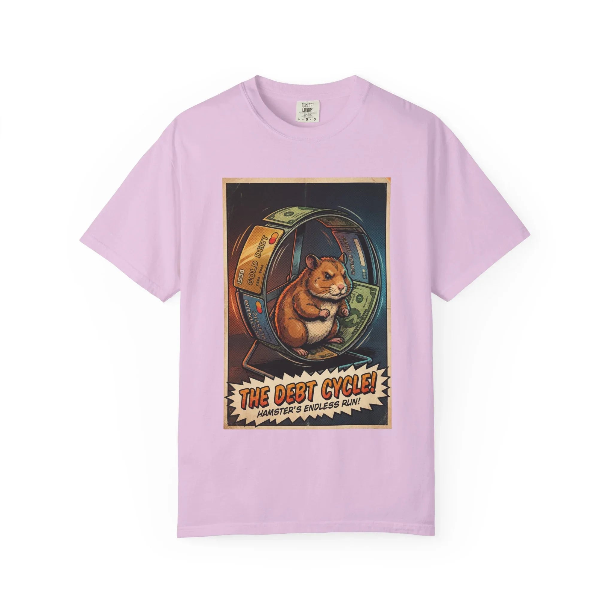 Funny Debt Cycle Hamster Shirt - Retro Comic Satire T-Shirt - Financial Humor Graphic Tee - Vintage Credit Crunch Money Art - Sarcastic Credit Card Debt Gift Orchid