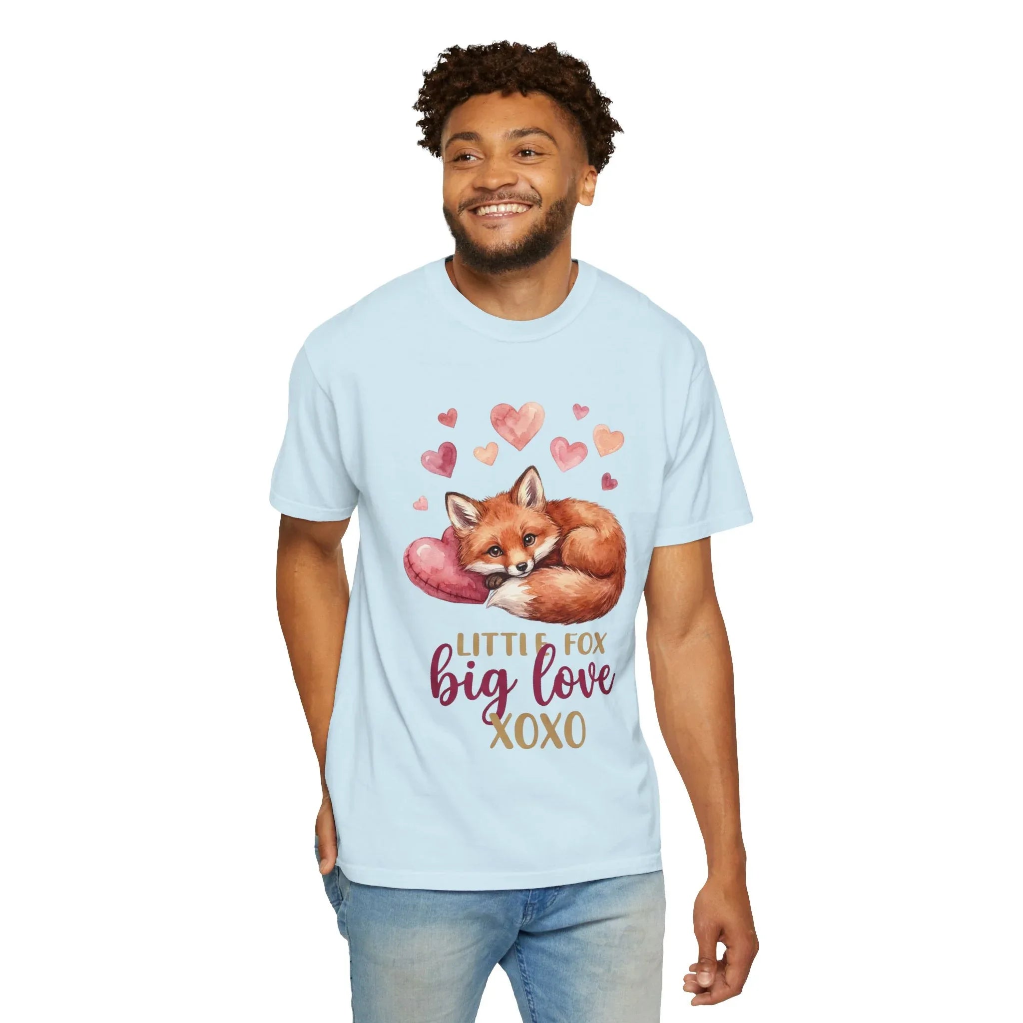 Sleeping Fox with Hearts T-Shirt | Little Fox Big Love XOXO | Cozy Woodland Valentine Gift | Soft Vintage Aesthetic Tee Chambray