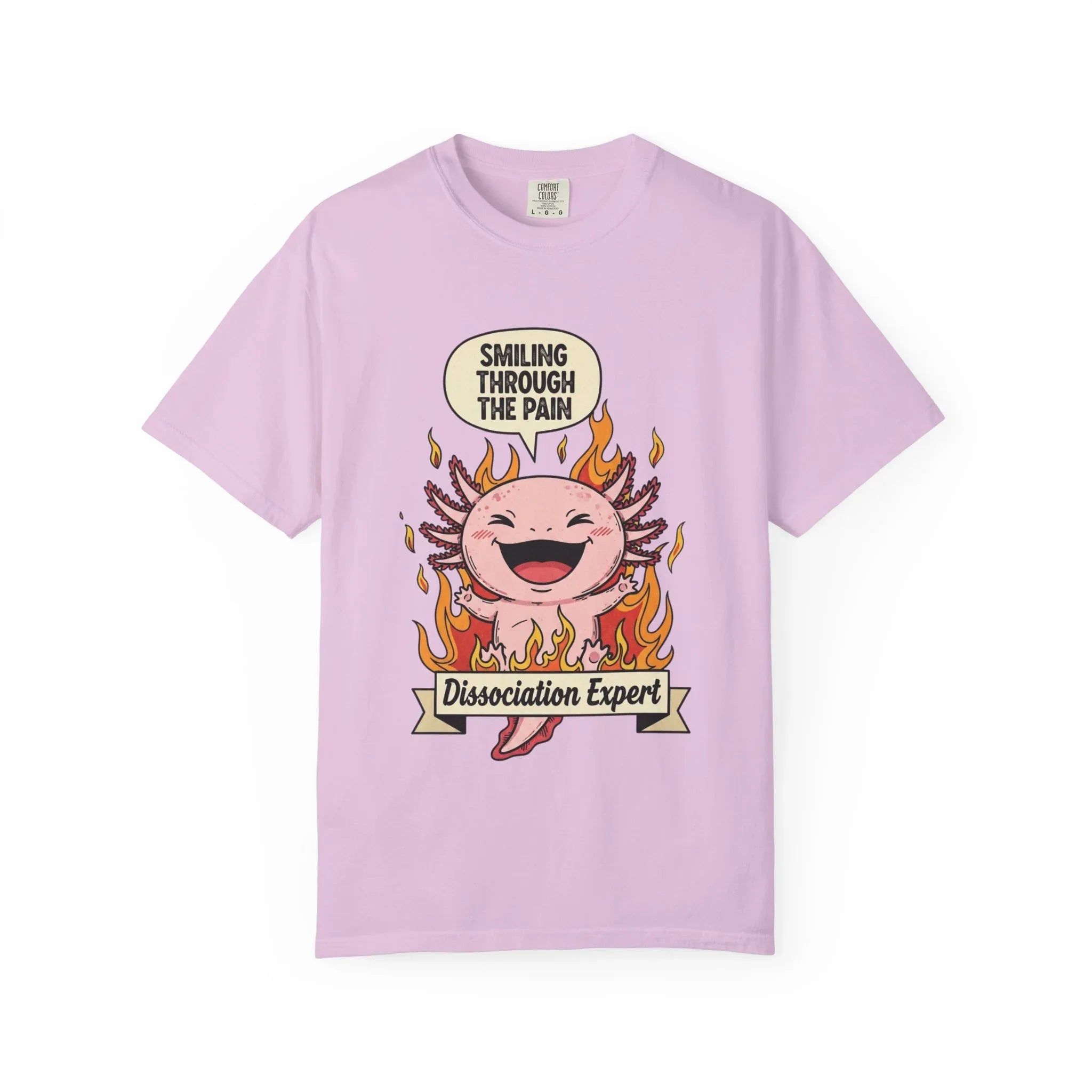 Funny Axolotl Shirt - "Dissociation Expert" Graphic Tee - Smiling Through The Pain Shirt - Mental Health Dark Humor Gift - Vintage Comfort Colors Style Oversized Top Orchid