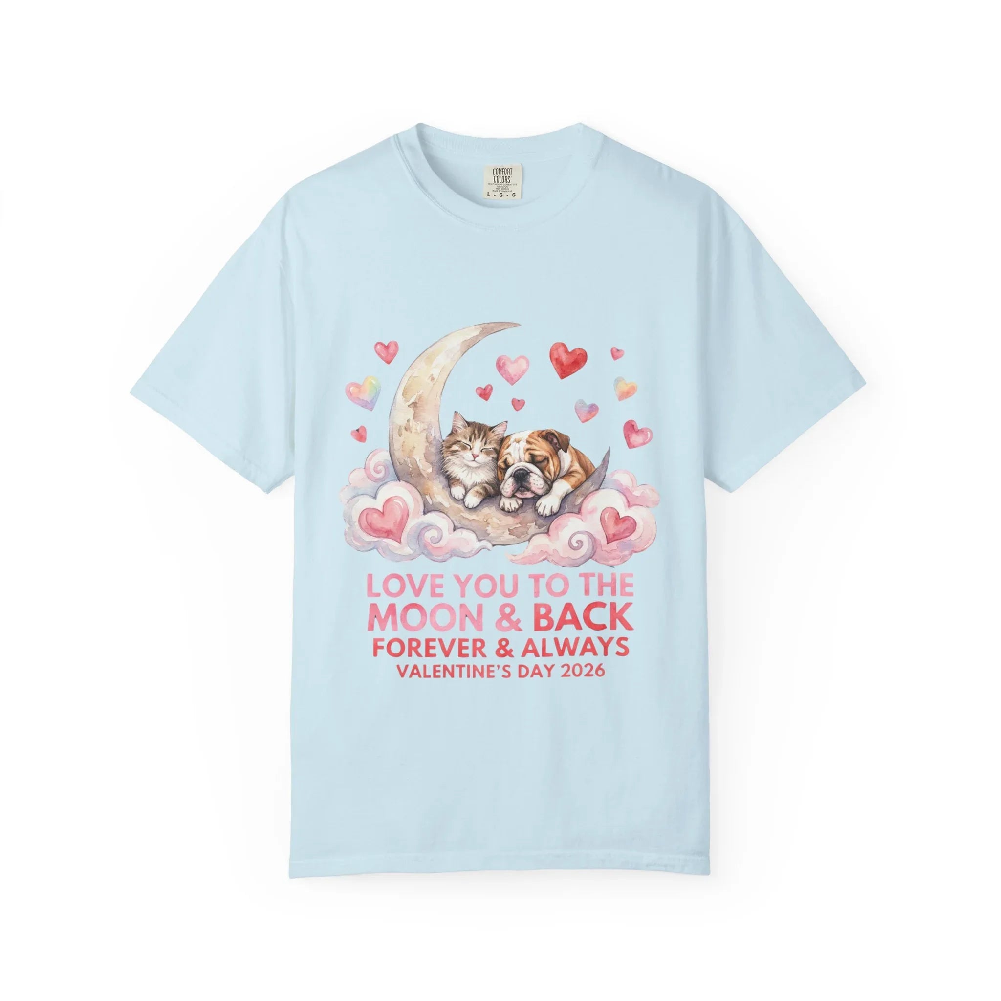 Love You to the Moon and Back Cats T Shirt Cute Kittens Crescent Moon Hearts Watercolor Cozy Vintage Aesthetic Gift Cat Lovers Valentine Tee Chambray
