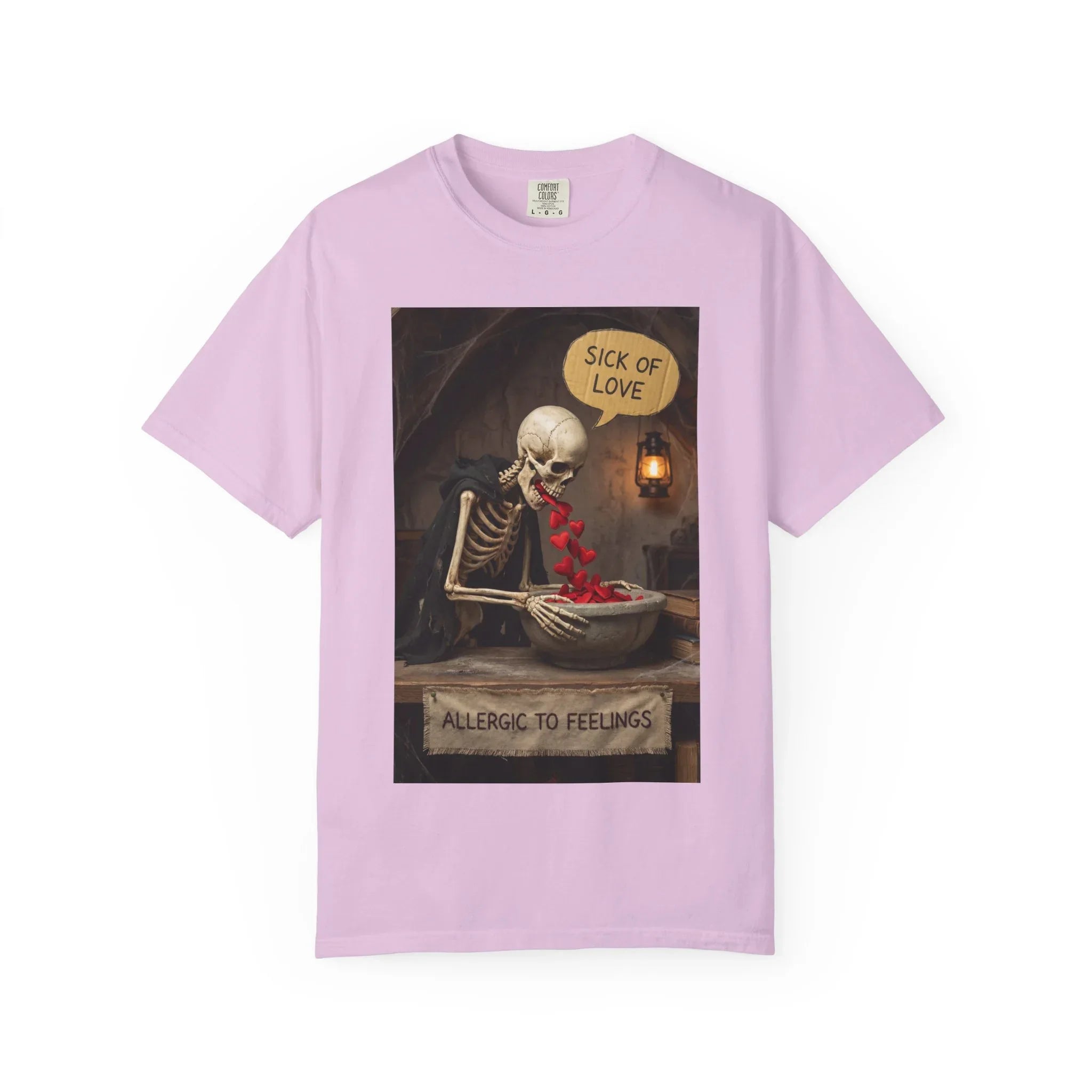 Sick of Love" Allergic To Feelings Vintage Skeleton T-Shirt - Premium Dark Humor Apparel Orchid