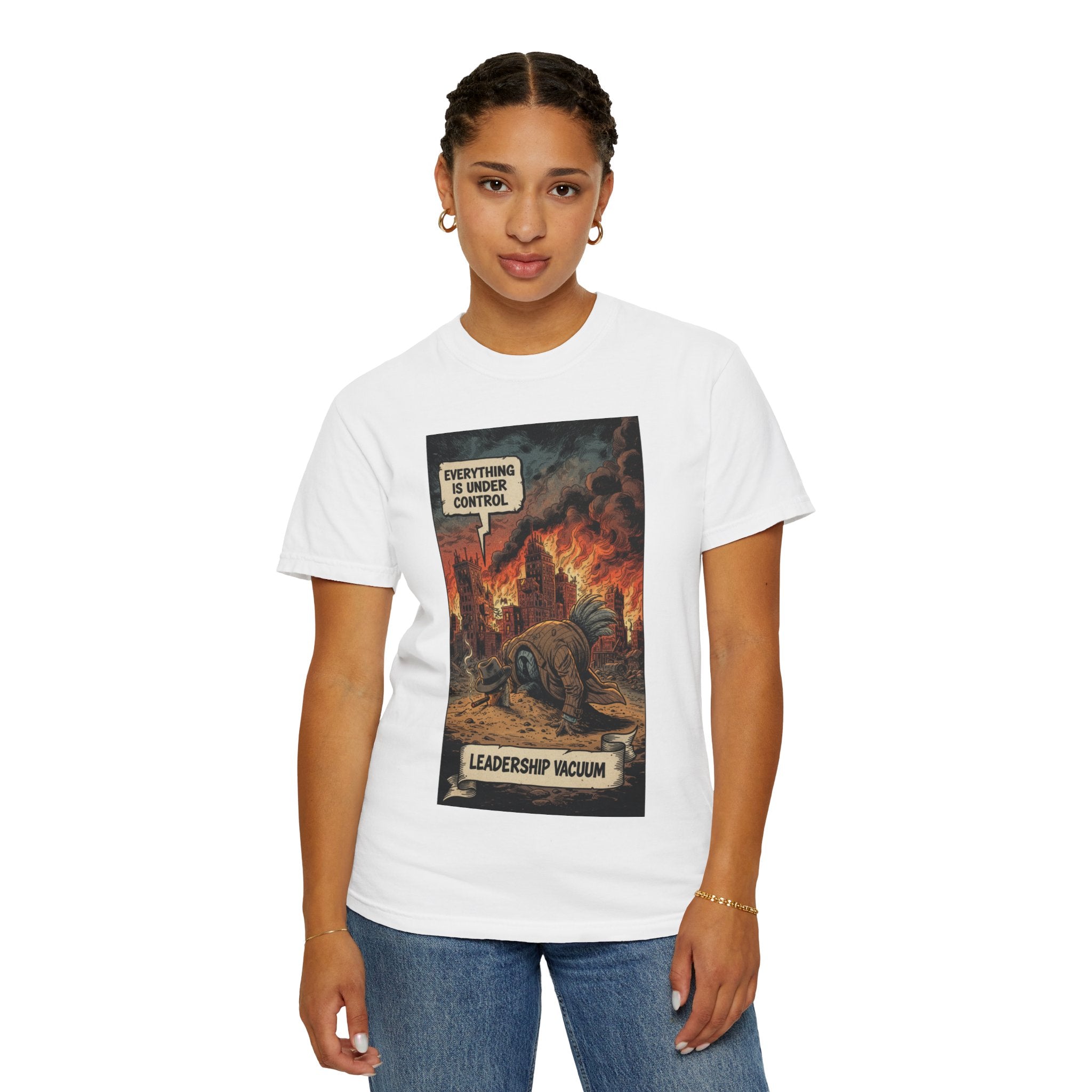 Leadership Vacuum T-Shirt - Funny Corporate Satire Tee - Head in Sand Ostrich Shirt - Sarcastic Management Humor Gift - Vintage Comic Style